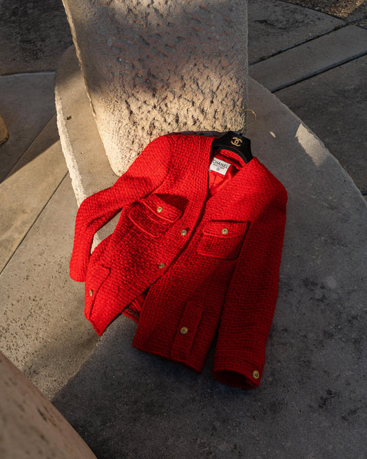 FR38-40 Rare Chanel Spring 1989 Four Pocket Collarless Bright Red Tweed Jacket - Vintage Chanel Jacket -   - Rarchive.