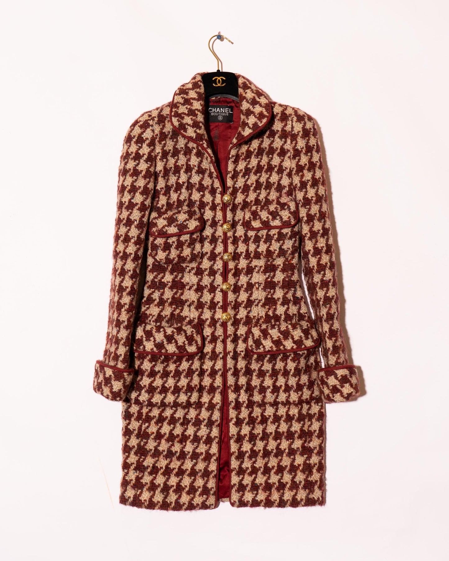 FR34-36 Rare Chanel Fall 1990 Four-Pocketed Houndstooth Tweed Coat