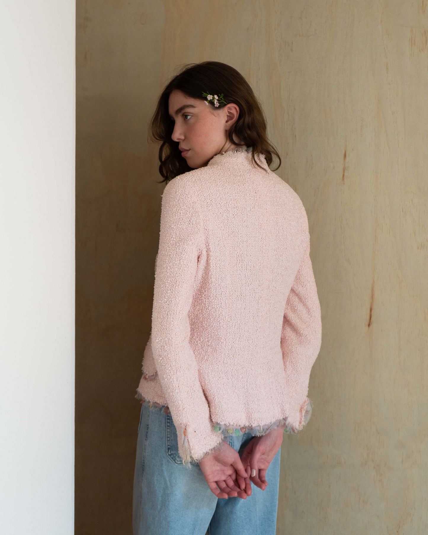 FR36-38 Chanel Cruise 2004 Pink Fantasy Tweed Jacket with Ice Cream Print Silk Trim