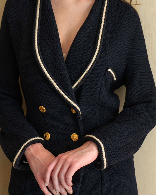 FR38-40 Chanel Fall 1988 Double Breasted Contrasting Trim Dark Navy Wool Tweed Jacket