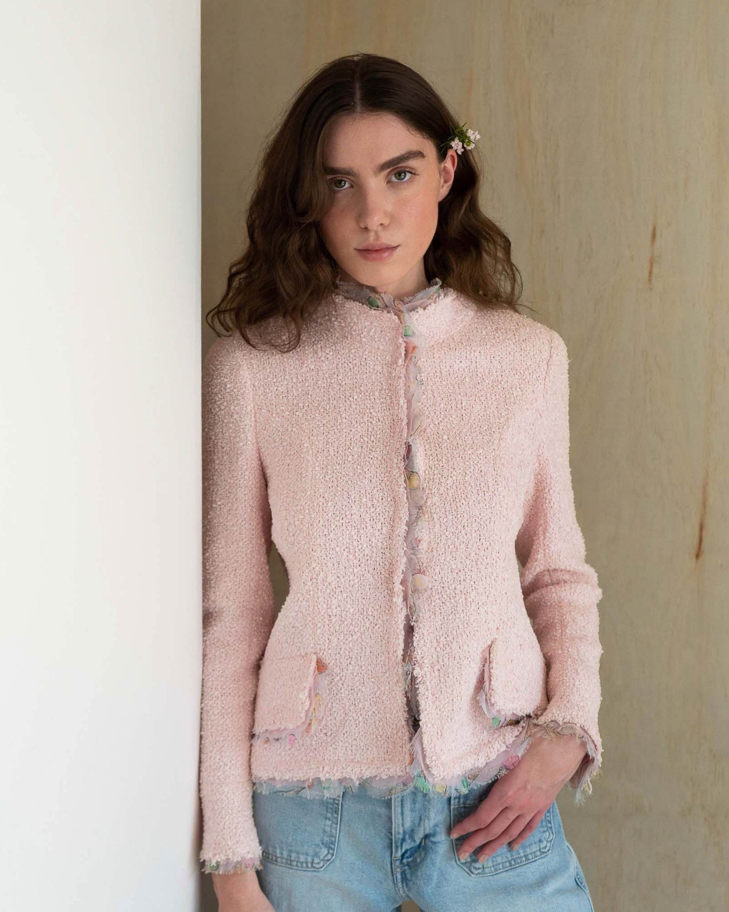 FR36-38 Chanel Cruise 2004 Pink Fantasy Tweed Jacket with Ice Cream Print Silk Trim