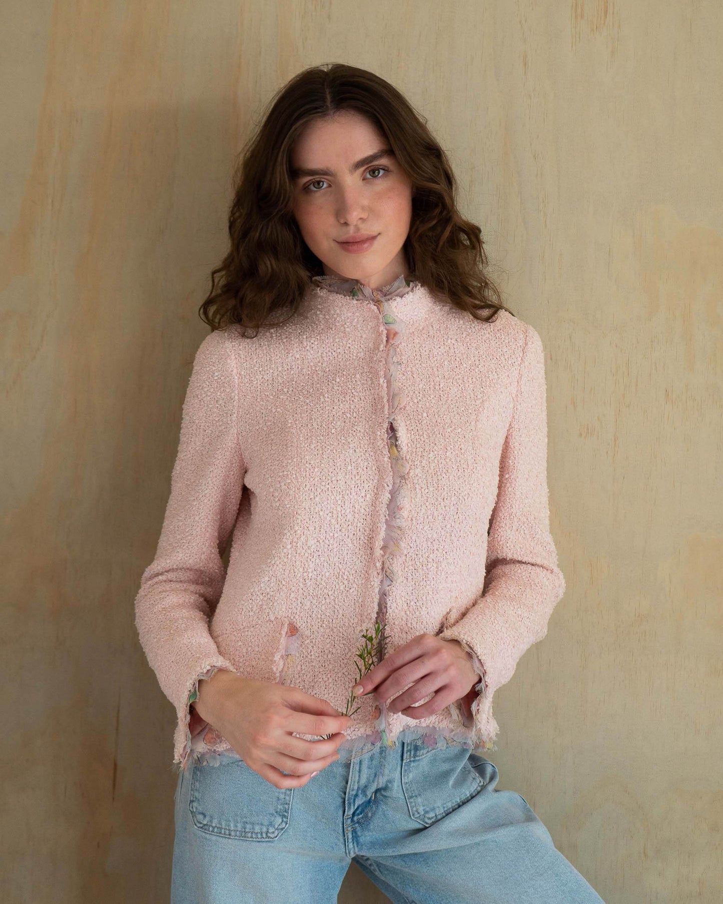 FR36-38 Chanel Cruise 2004 Pink Fantasy Tweed Jacket with Ice Cream Print Silk Trim