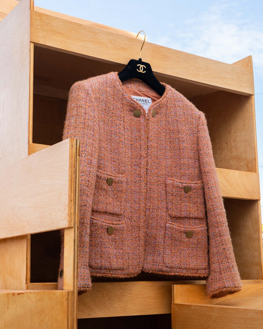 FR36-38 Chanel Fall 1997 Collarless Four Pocket  Multicolor Wool Tweed Jacket