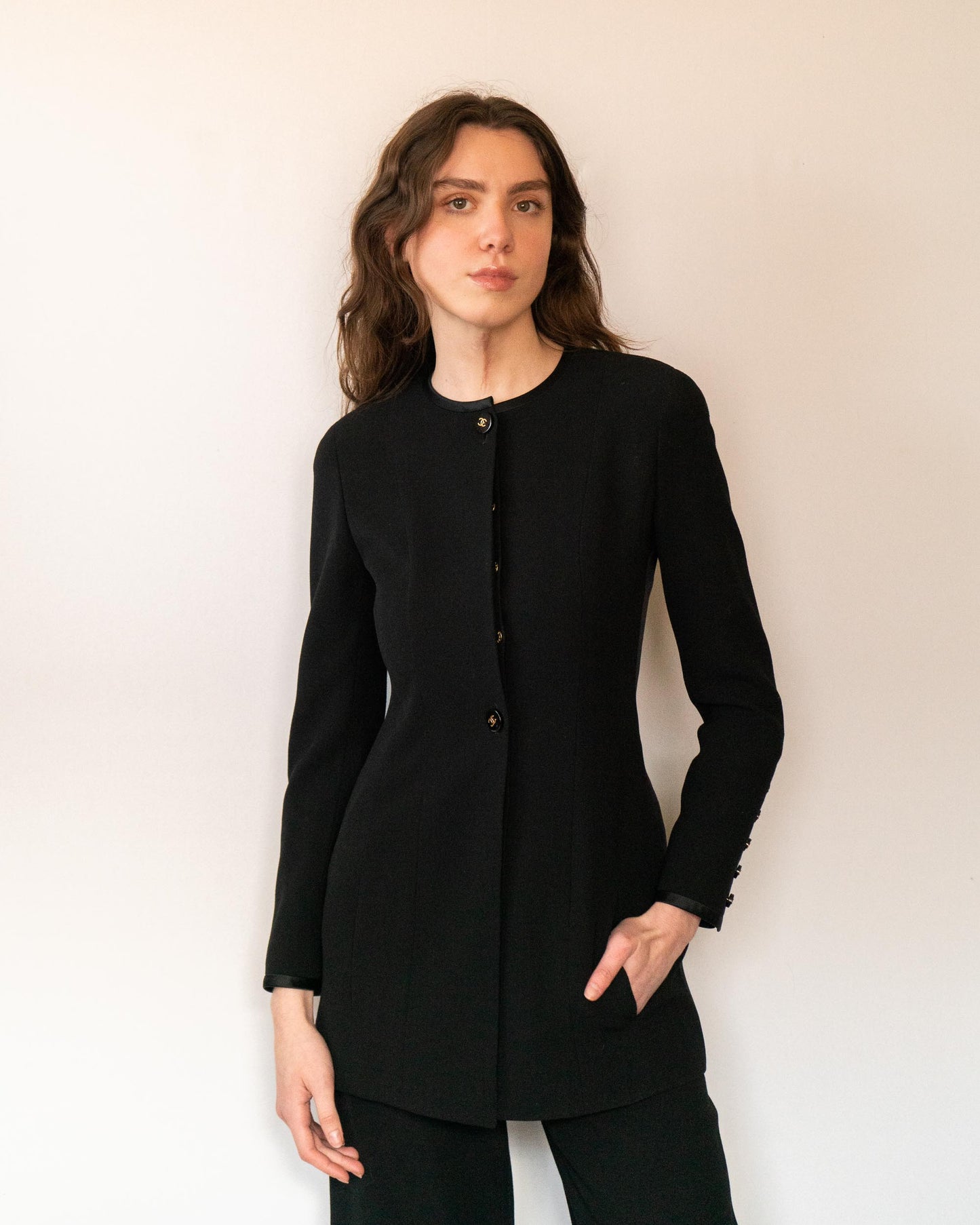 FR34 Rare Chanel Fall 1994 Long Cut Collarless Two Pocket Black Wool Jacket