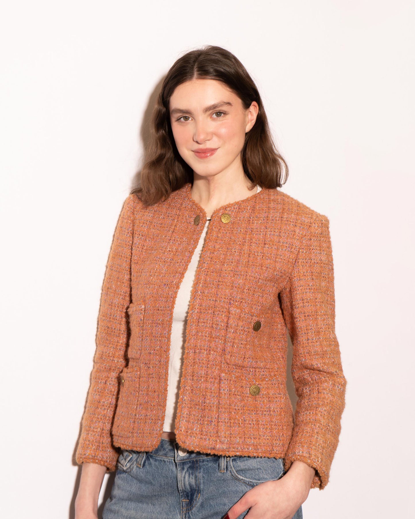 FR36-38 Chanel Fall 1997 Collarless Four Pocket  Multicolor Wool Tweed Jacket