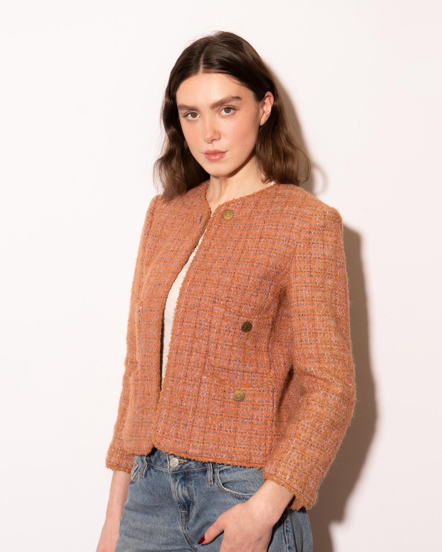 FR36-38 Chanel Fall 1997 Collarless Four Pocket  Multicolor Wool Tweed Jacket