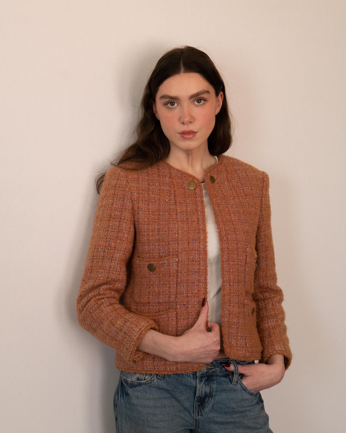 FR36-38 Chanel Fall 1997 Collarless Four Pocket  Multicolor Wool Tweed Jacket