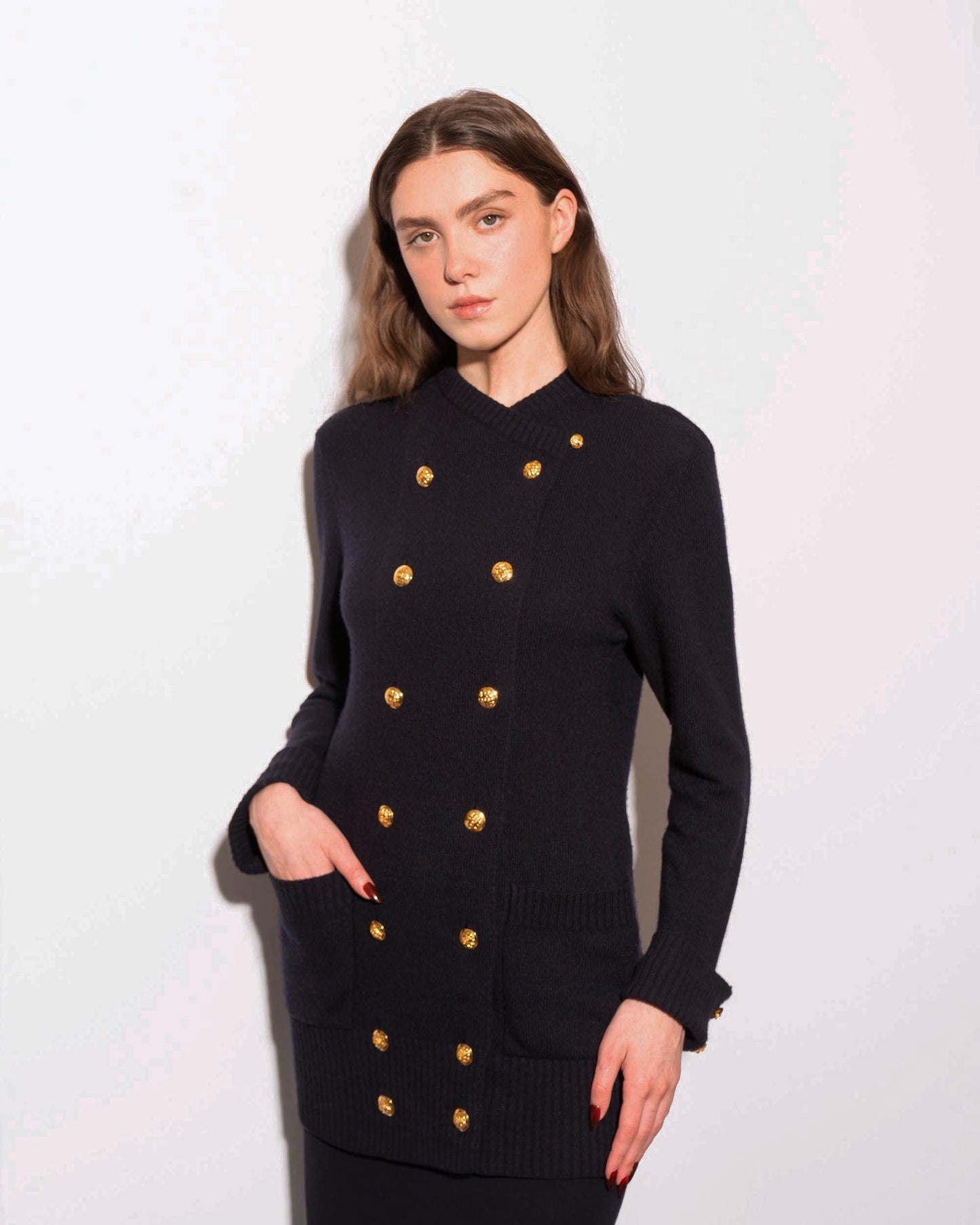 FR34-38 Chanel Fall 1990 Two Pocket Double Breasted Navy Cashmere Cardigan