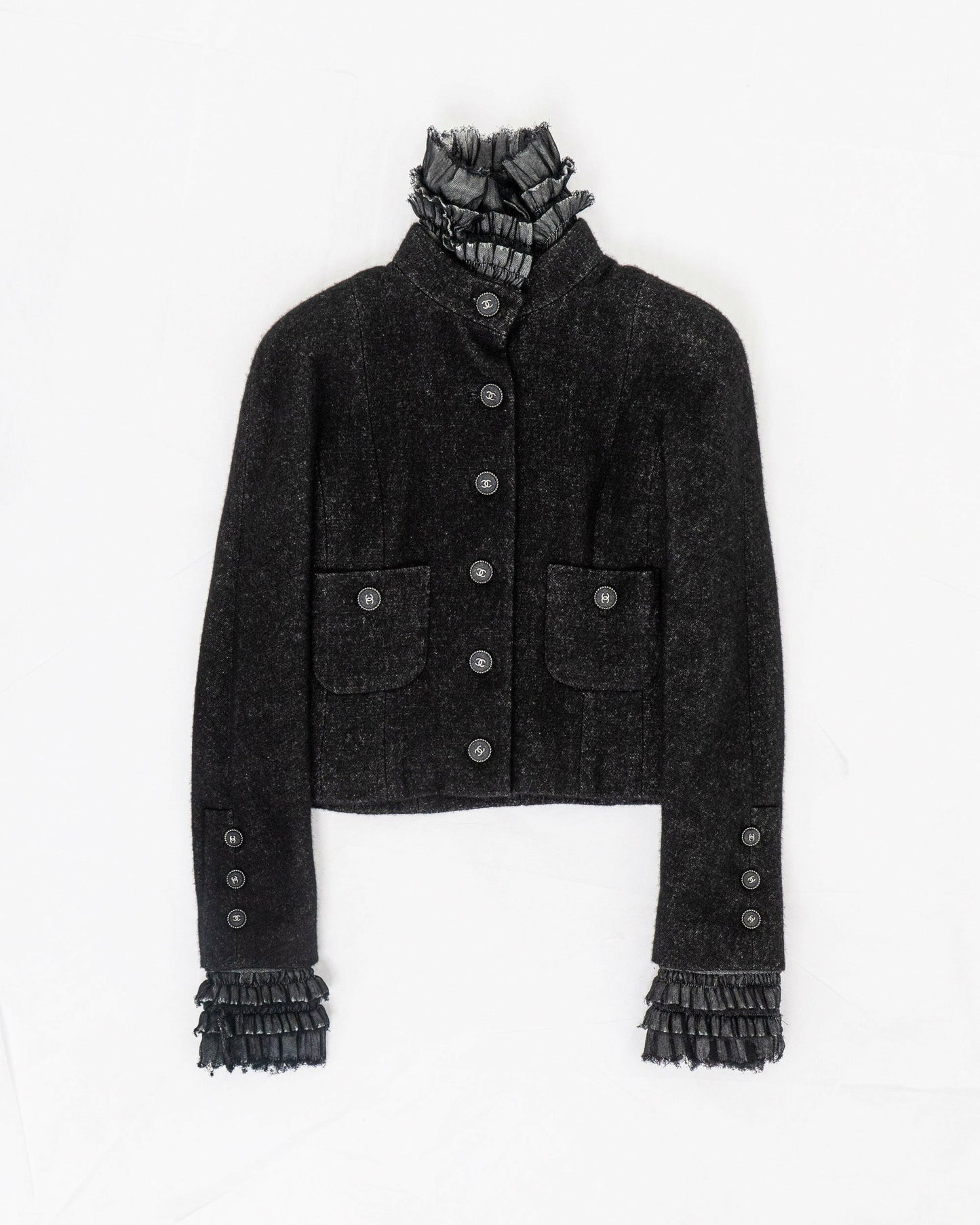 FR34-36 Rare Chanel Pre-Fall 2013 Black Cropped Cashmere Jacket with Detachable Collar and Cuffs - Vintage Chanel Jacket -   - Rarchive.