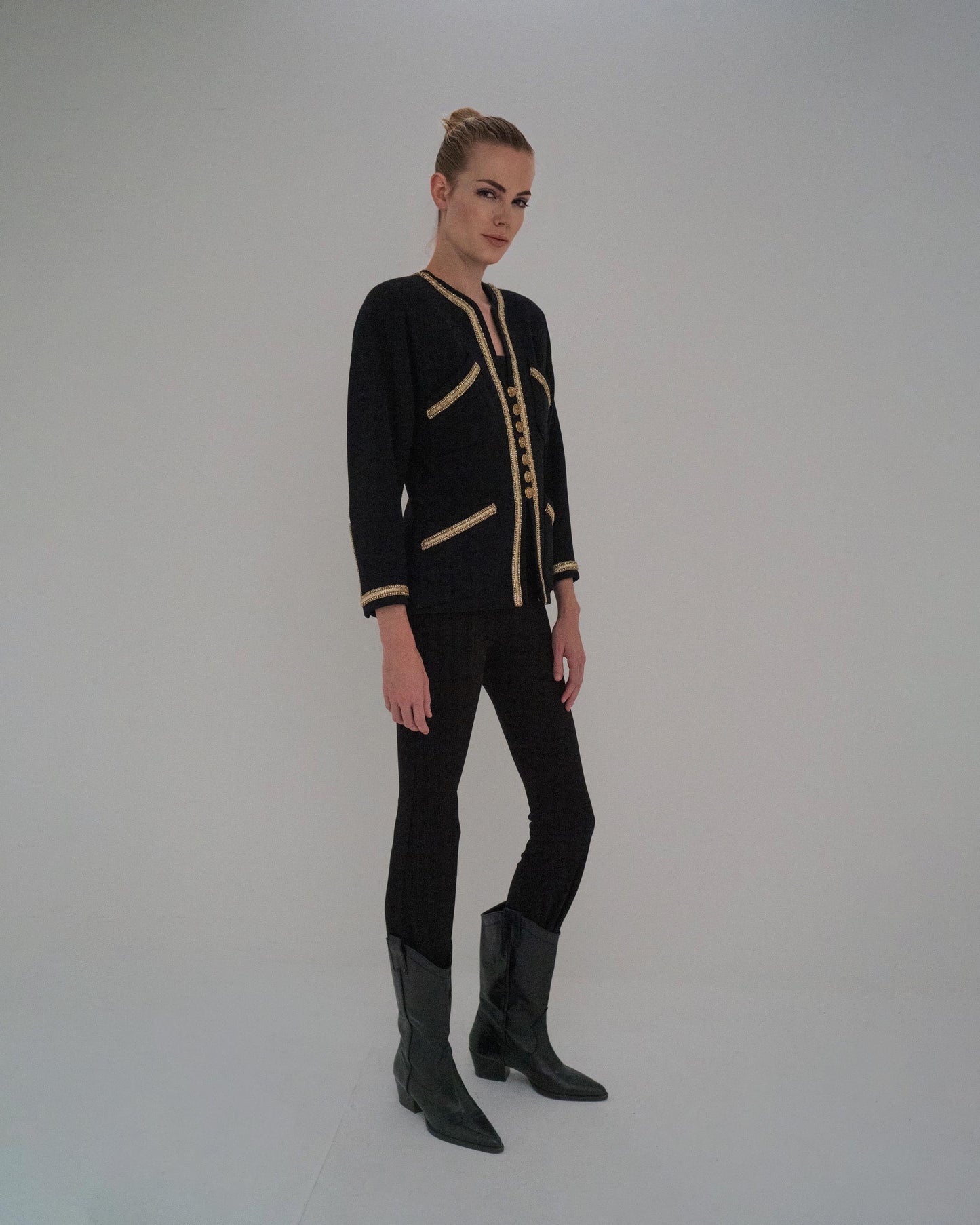 FR36 Rare Chanel Haute Couture Spring 1986 Four Pocketed Embellished Jacket in Black - Vintage Chanel Jacket -   - Rarchive.