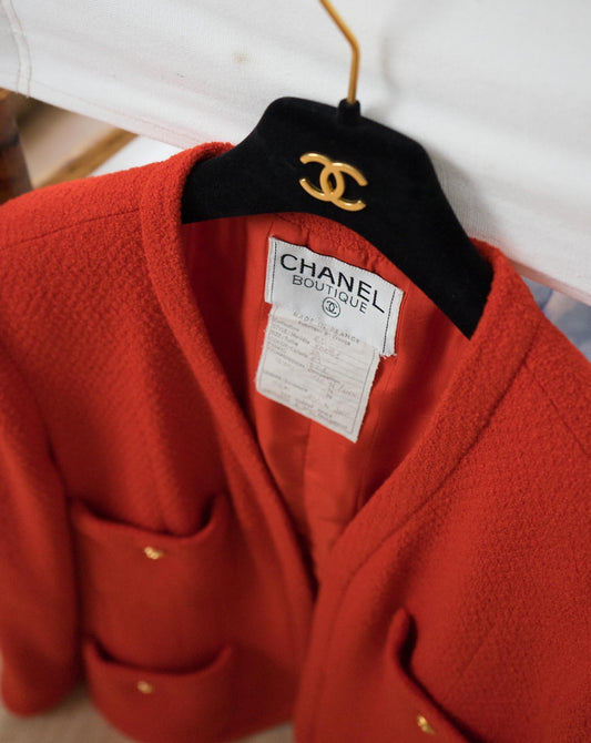 FR38-40 Chanel Spring 1991 Four Pocket Wool Boucle Collarless Jacket in Red - Vintage Chanel Jacket -  Jacket - Rarchive.