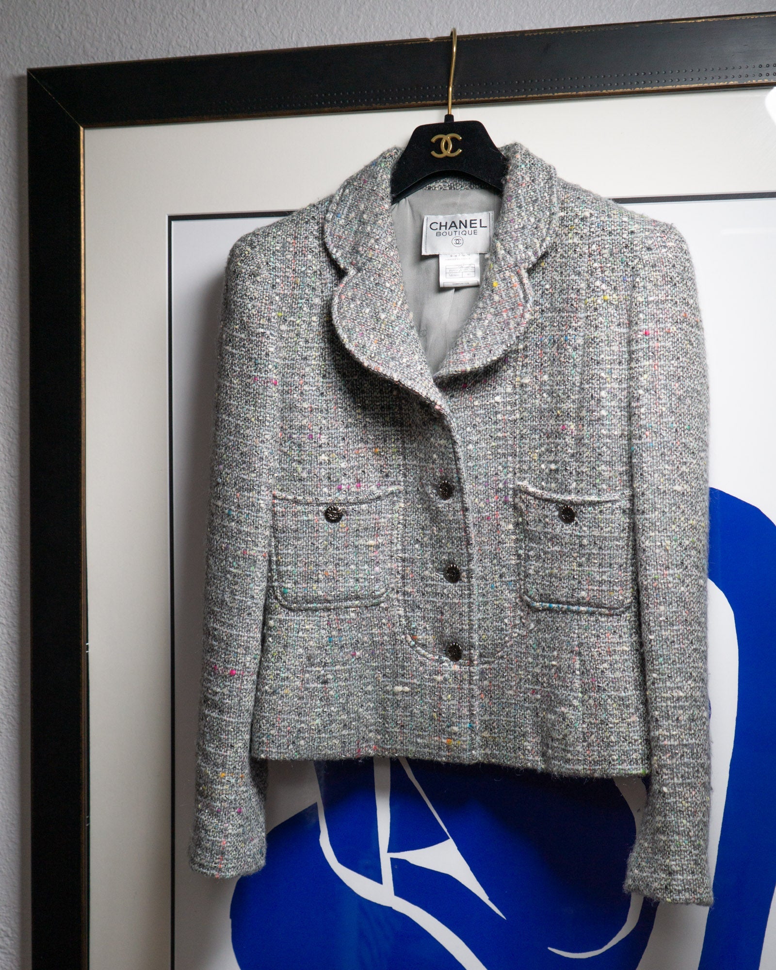 FR38-40 Chanel Fall 1997 Fitted Two Pocket Fantasy Tweed Jacket in Gray - Vintage Chanel Jacket -  Jacket - Rarchive.