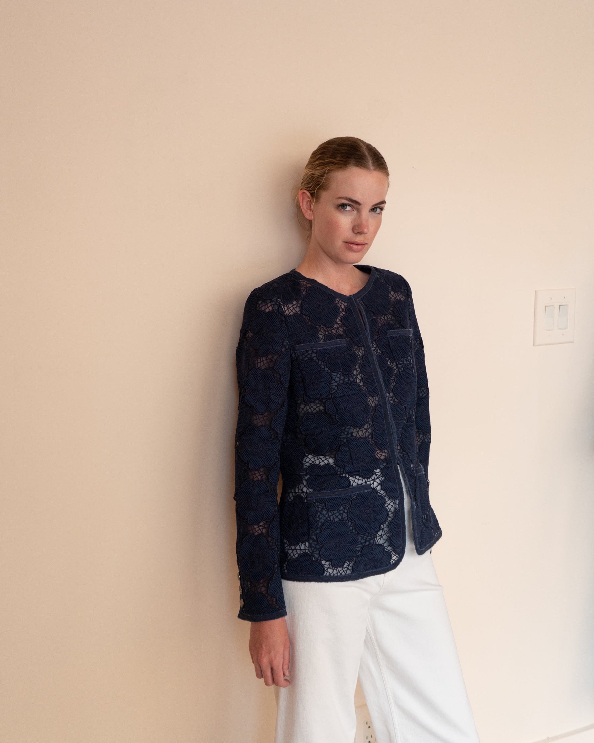 FR40-42 Rare Chanel Spring 2016 Collarless Four-Pocketed Navy Camellia Pattern Guipure Lace Jacket - Vintage Chanel Jacket -   - Rarchive.