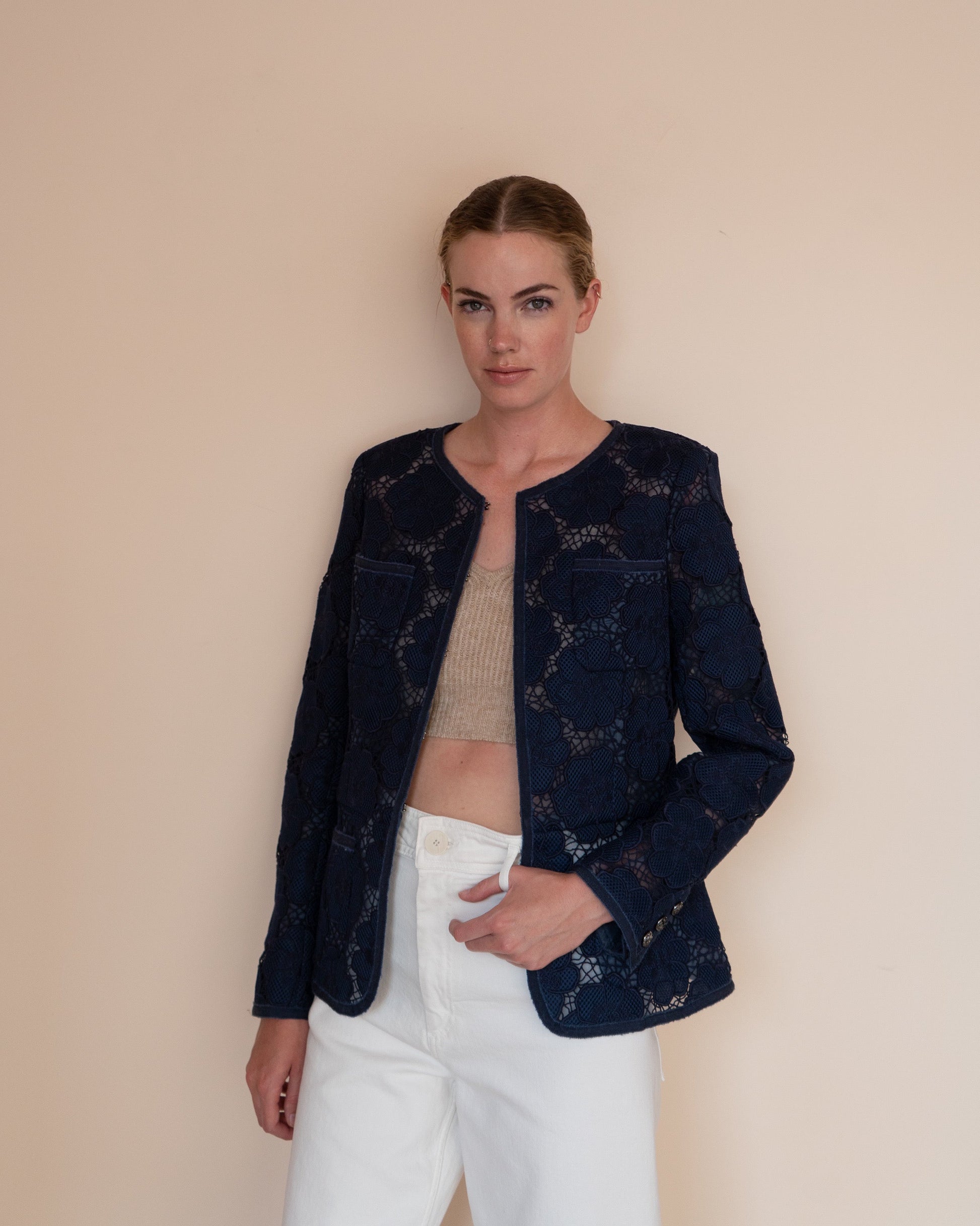 FR40-42 Rare Chanel Spring 2016 Collarless Four-Pocketed Navy Camellia Pattern Guipure Lace Jacket - Vintage Chanel Jacket -   - Rarchive.
