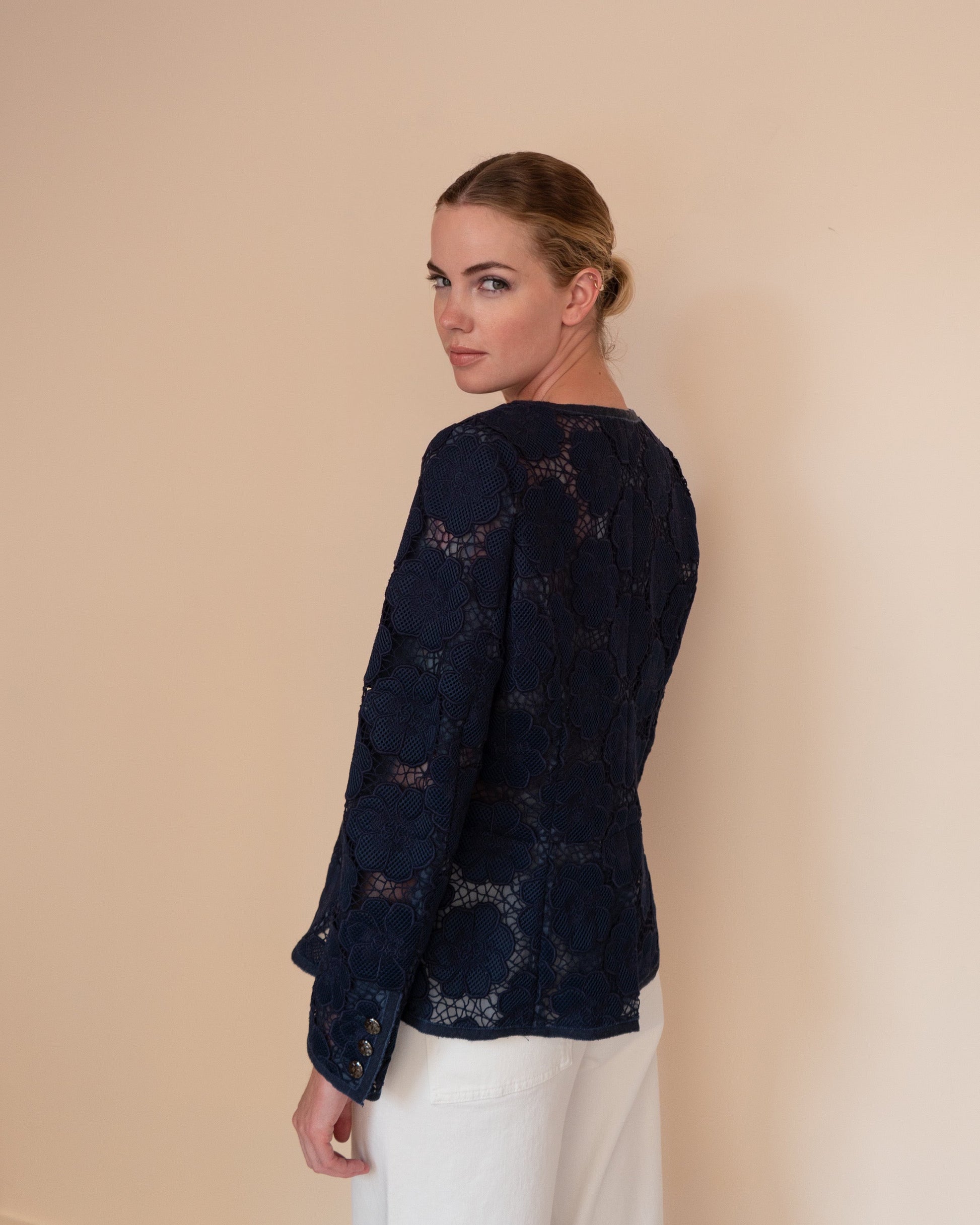 FR40-42 Rare Chanel Spring 2016 Collarless Four-Pocketed Navy Camellia Pattern Guipure Lace Jacket - Vintage Chanel Jacket -   - Rarchive.