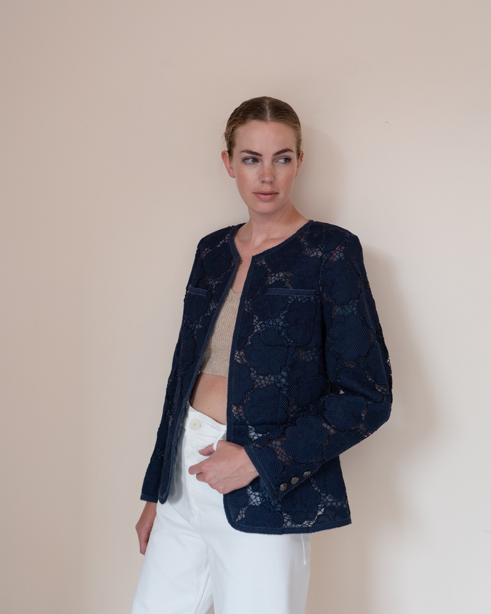 FR40-42 Rare Chanel Spring 2016 Collarless Four-Pocketed Navy Camellia Pattern Guipure Lace Jacket - Vintage Chanel Jacket -   - Rarchive.