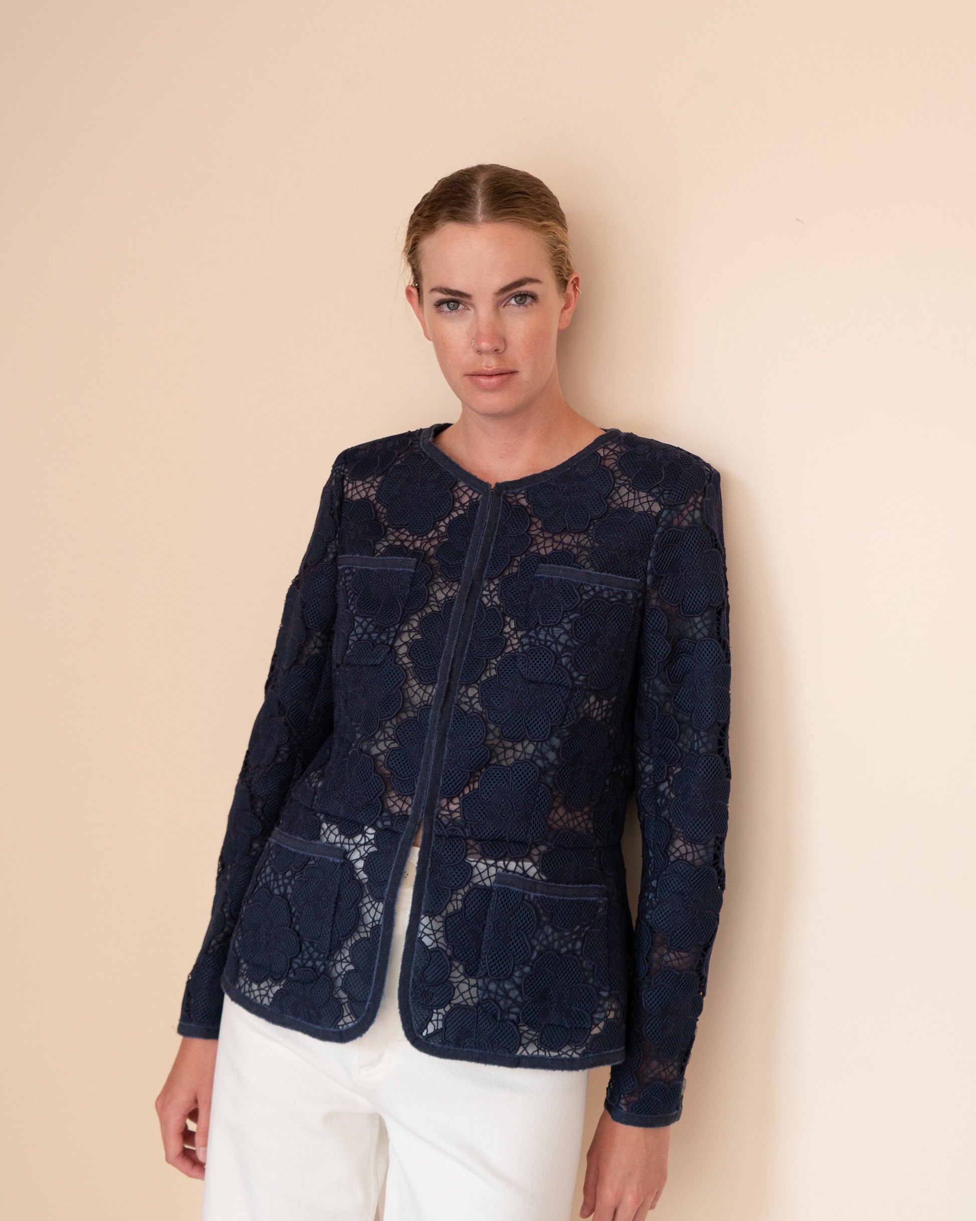 FR40-42 Rare Chanel Spring 2016 Collarless Four-Pocketed Navy Camellia Pattern Guipure Lace Jacket - Vintage Chanel Jacket -   - Rarchive.