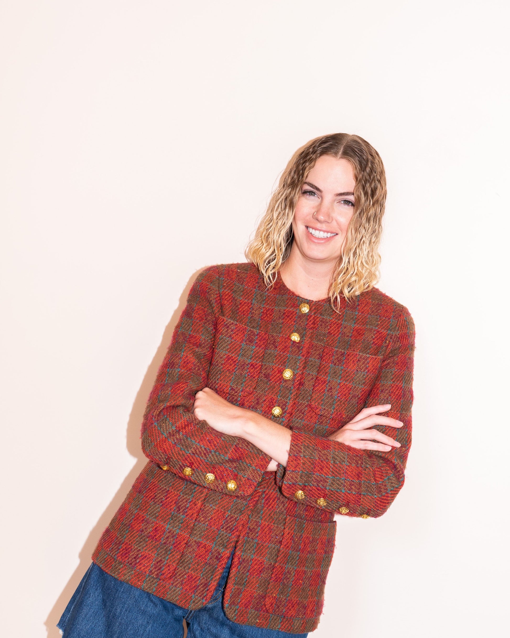 FR38-40 Chanel Late 1980s Collarless Four-Pocketed Plaid Wool Tweed Jacket - Vintage Chanel Jacket -   - Rarchive.