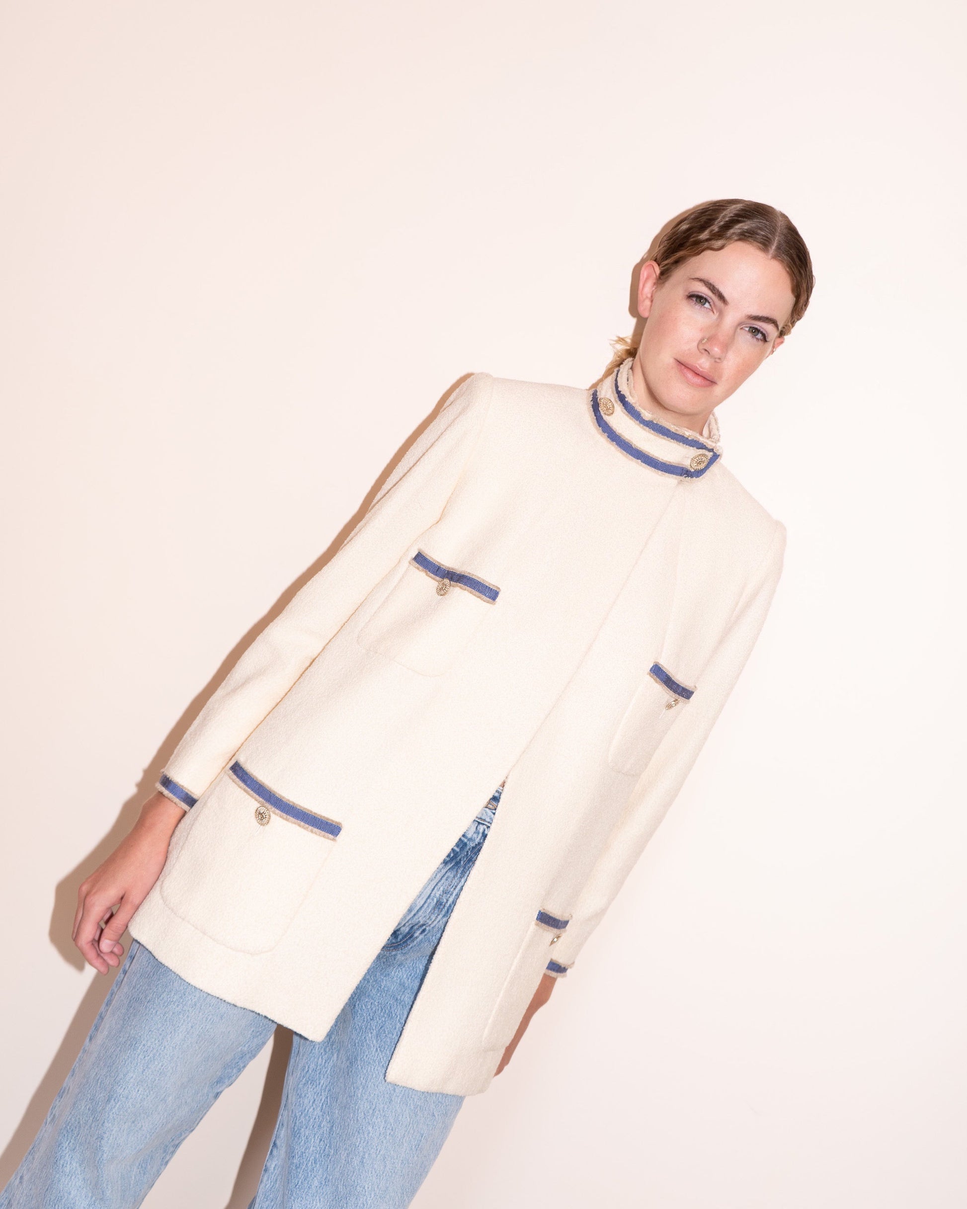 FR38-40 Rare Chanel Resort 2014 Four-Pocketed Standing Collar Fringed Grosgrain Trim Detail Light Jacket - Vintage Chanel Jacket -   - Rarchive.
