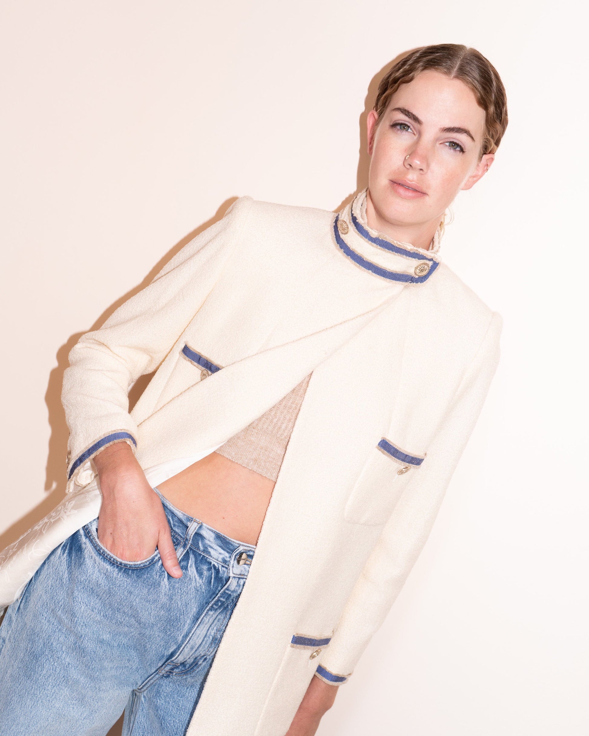FR38-40 Rare Chanel Resort 2014 Four-Pocketed Standing Collar Fringed Grosgrain Trim Detail Light Jacket - Vintage Chanel Jacket -   - Rarchive.