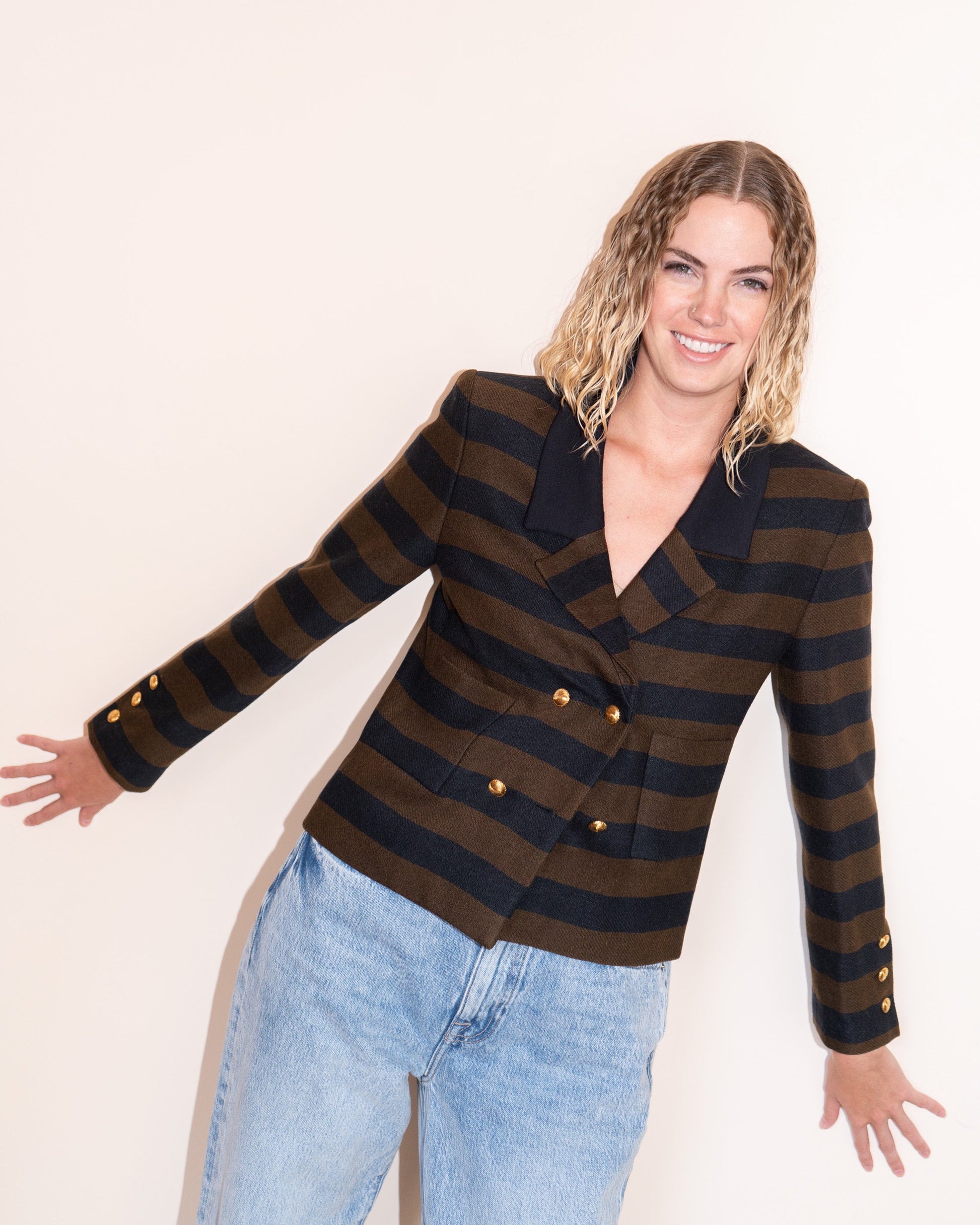 FR38-40 Chanel Early 1980s Two Pocketed Striped Wool Jacket - Vintage Chanel Jacket -   - Rarchive.