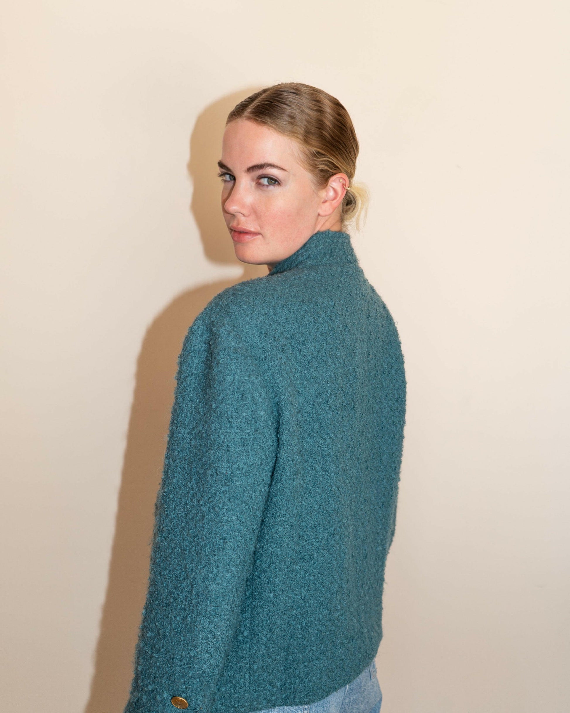 FR40-42 Chanel Mid-1980s Two-Pocketed Stand Up Collar Chanel No5 Bottle Button Details Teal Tweed Boucle Jacket - Vintage Chanel Jacket -   - Rarchive.