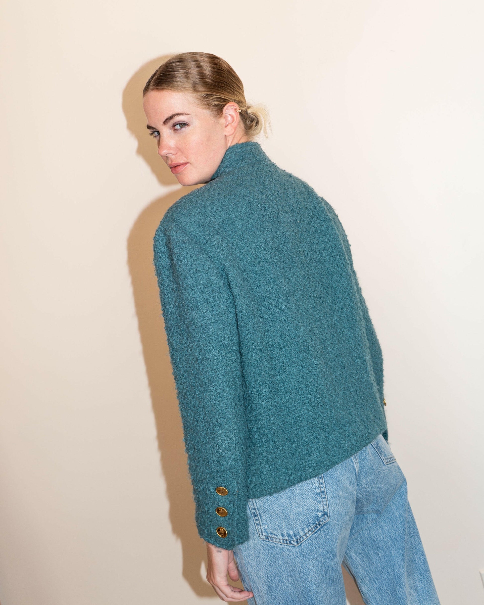 FR40-42 Chanel Mid-1980s Two-Pocketed Stand Up Collar Chanel No5 Bottle Button Details Teal Tweed Boucle Jacket - Vintage Chanel Jacket -   - Rarchive.