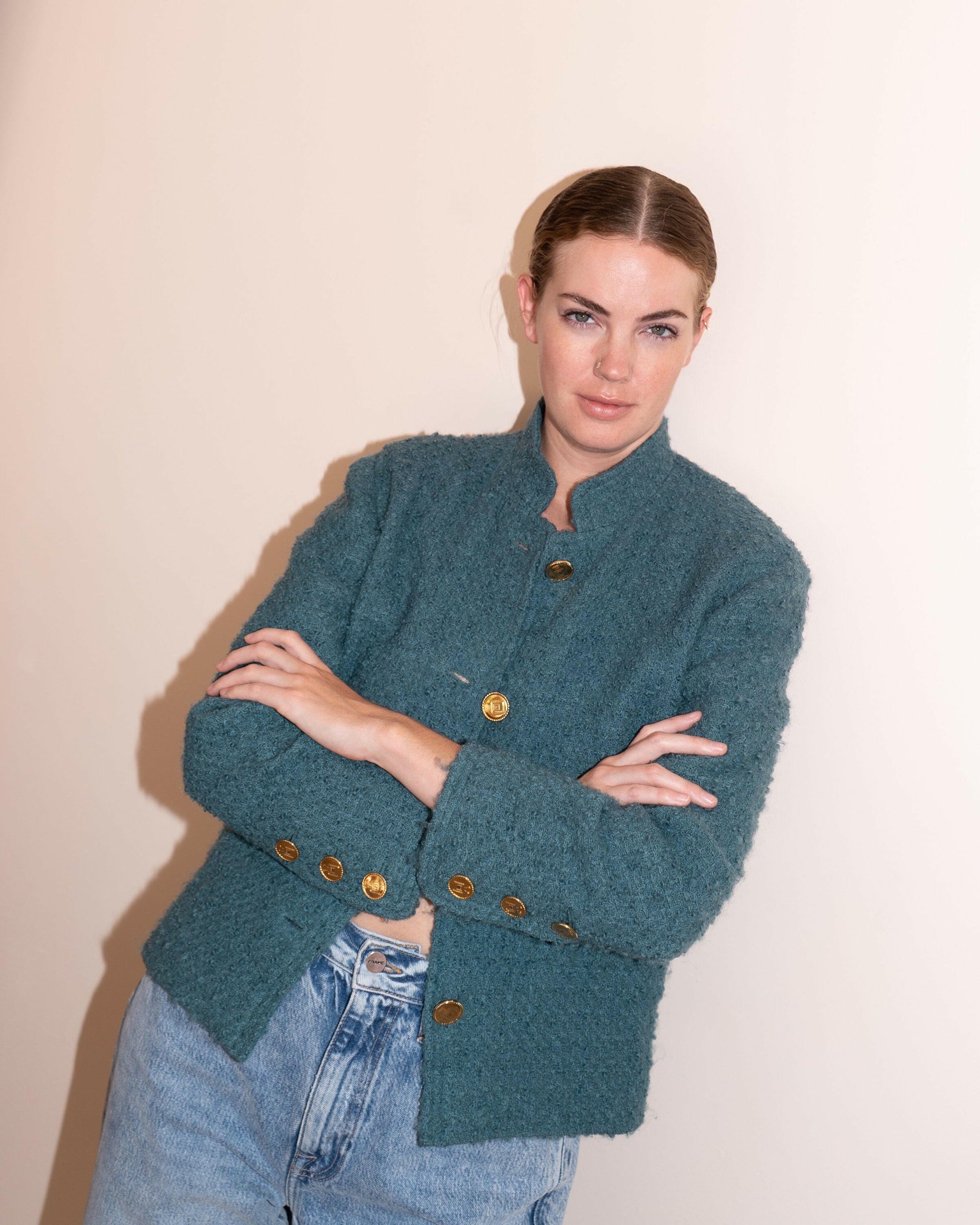 FR40-42 Chanel Mid-1980s Two-Pocketed Stand Up Collar Chanel No5 Bottle Button Details Teal Tweed Boucle Jacket - Vintage Chanel Jacket -   - Rarchive.