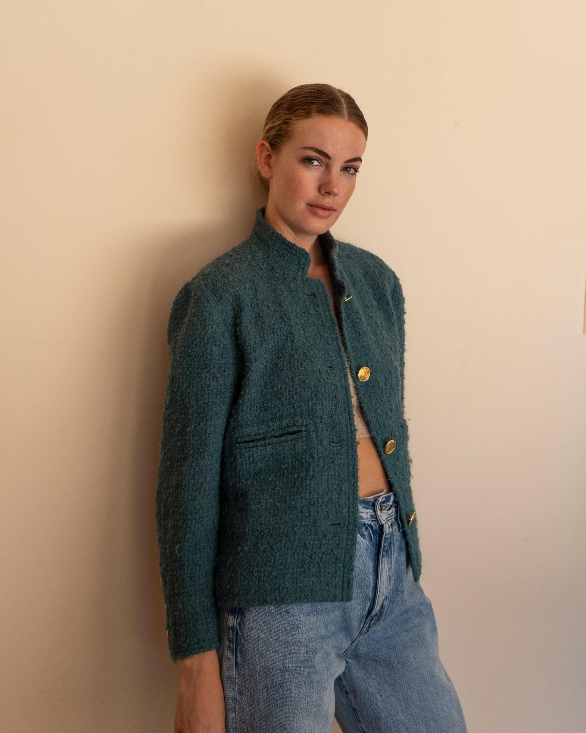 FR40-42 Chanel Mid-1980s Two-Pocketed Stand Up Collar Chanel No5 Bottle Button Details Teal Tweed Boucle Jacket - Vintage Chanel Jacket -   - Rarchive.