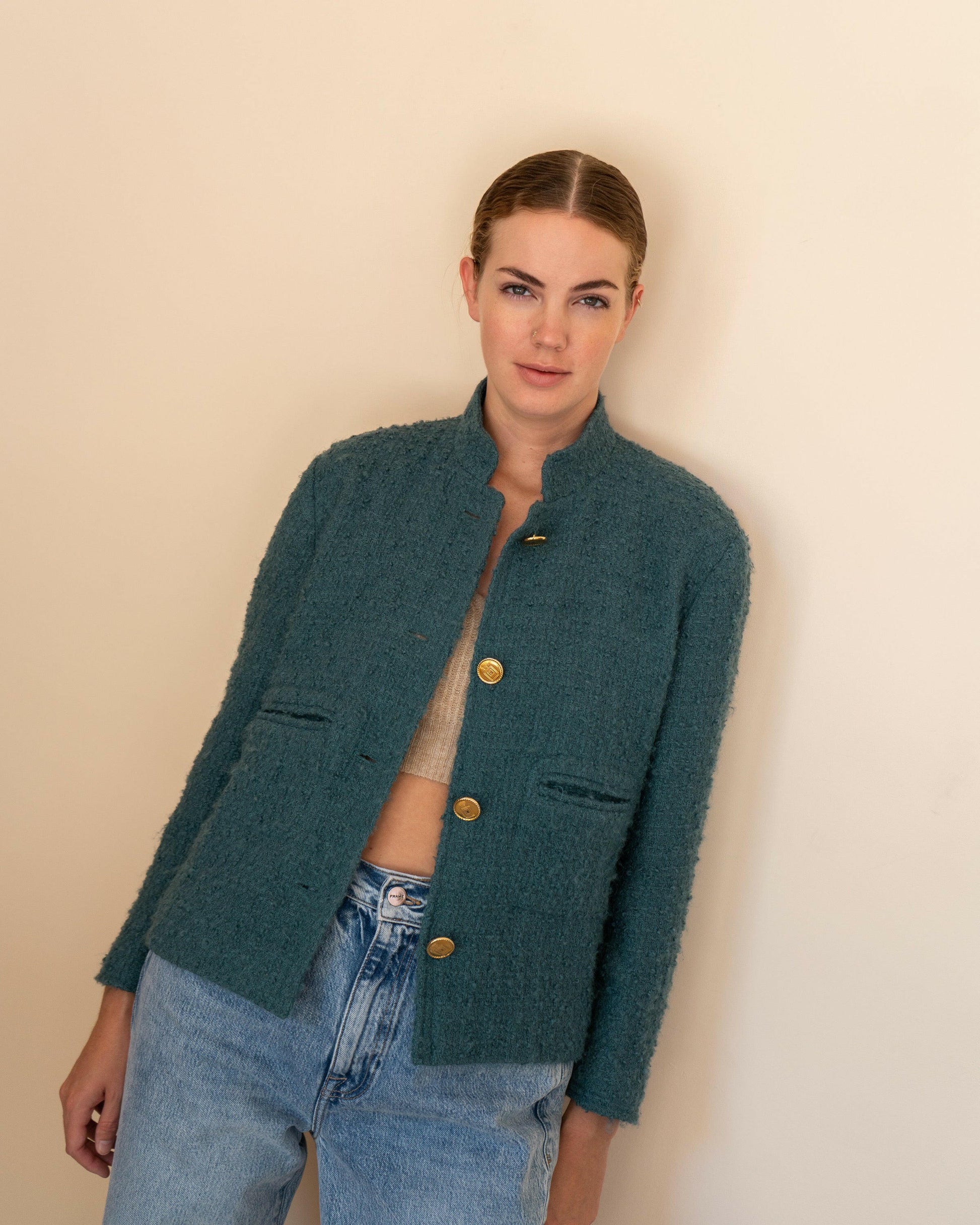 FR40-42 Chanel Mid-1980s Two-Pocketed Stand Up Collar Chanel No5 Bottle Button Details Teal Tweed Boucle Jacket - Vintage Chanel Jacket -   - Rarchive.