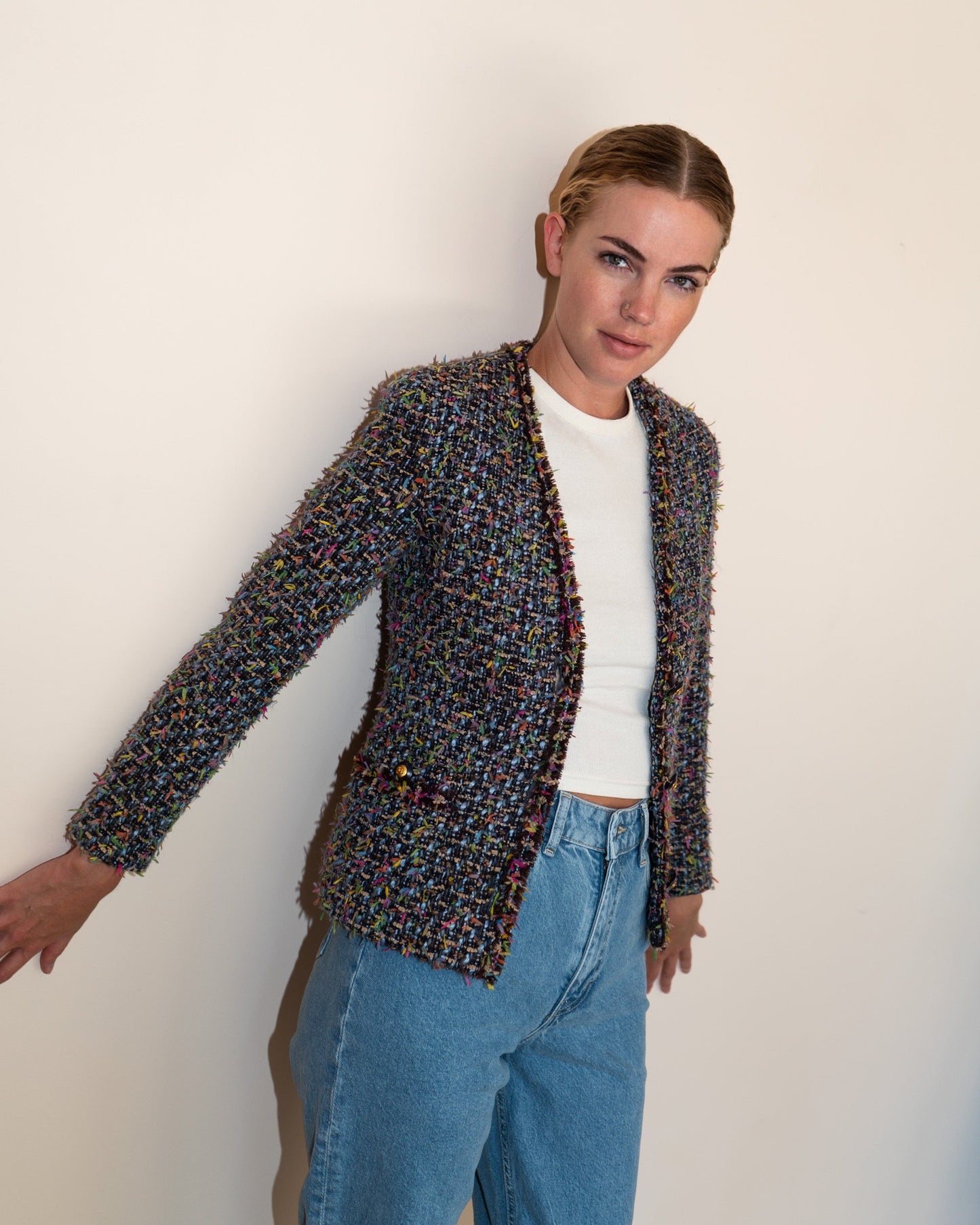 FR34-36 Chanel Fall 1993 Two Pocketed Multicolor Fantasy Tweed Jacket