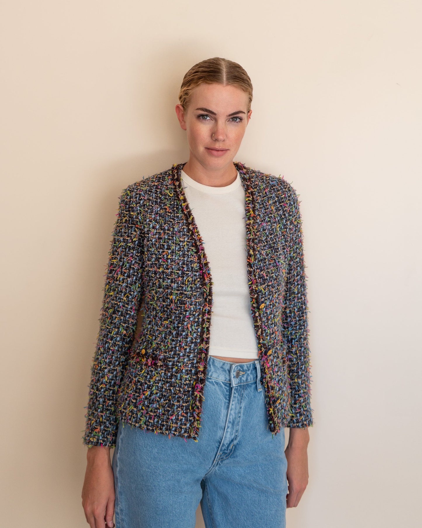 FR34-36 Chanel Fall 1993 Two Pocketed Multicolor Fantasy Tweed Jacket