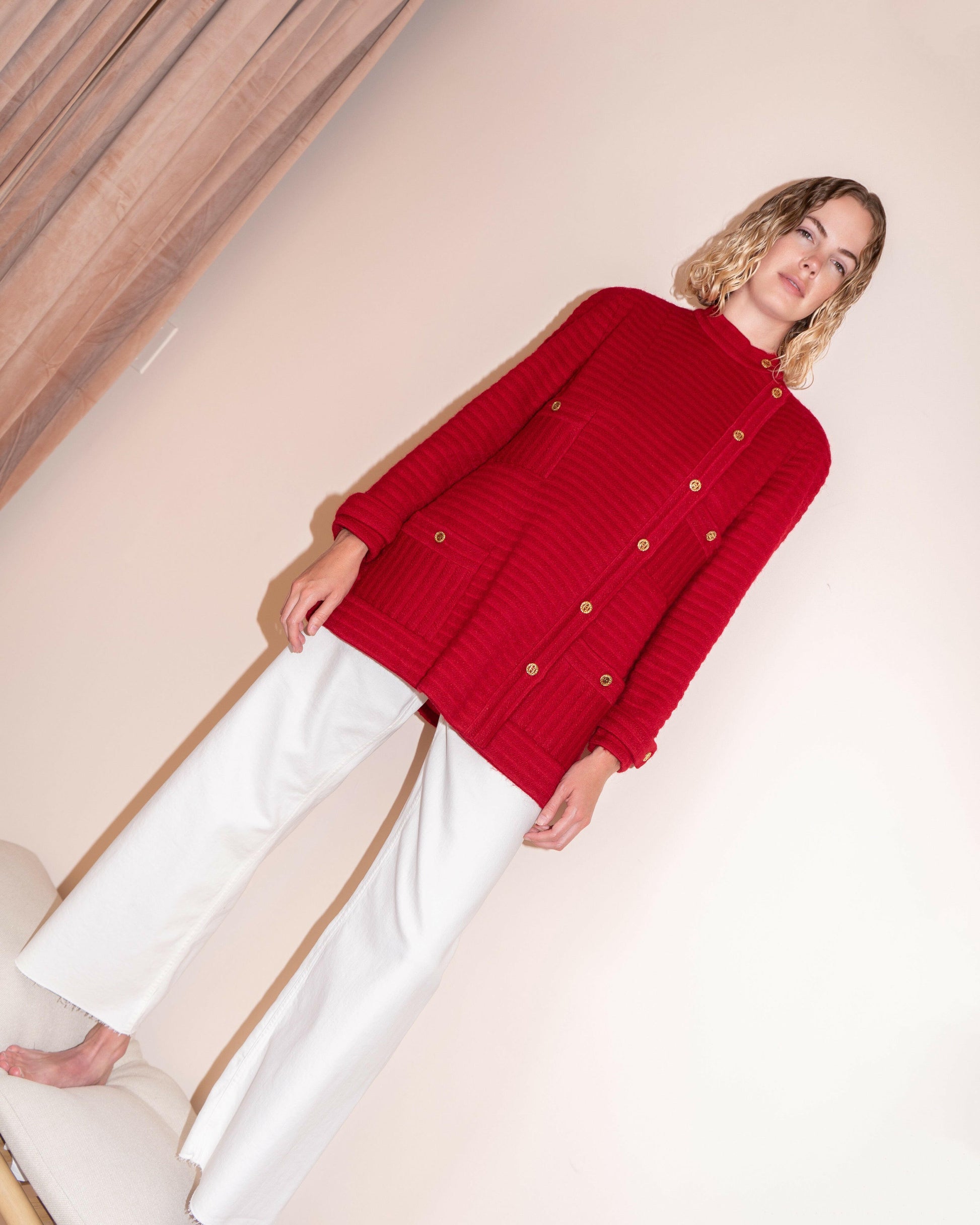 FR44-46 Rare Chanel 1980s Four Pocketed Red Ribbed Tweed Jacket - Vintage Chanel Jacket -   - Rarchive.