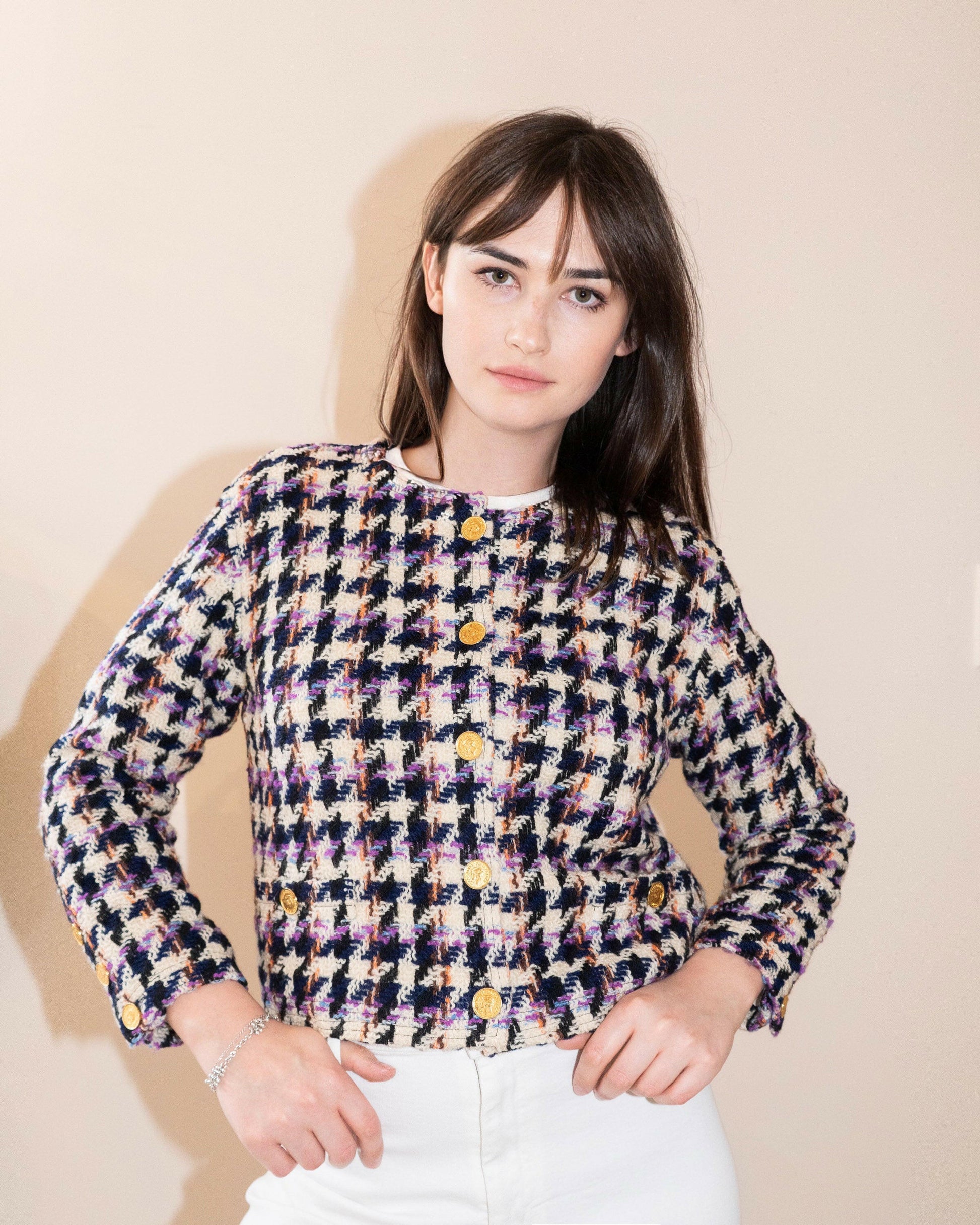 FR38-42 Chanel Fall 1987 Collarless Two-Pocketed Multicolor Moundsthooth Tweed Jacket - Vintage Chanel Jacket -   - Rarchive.
