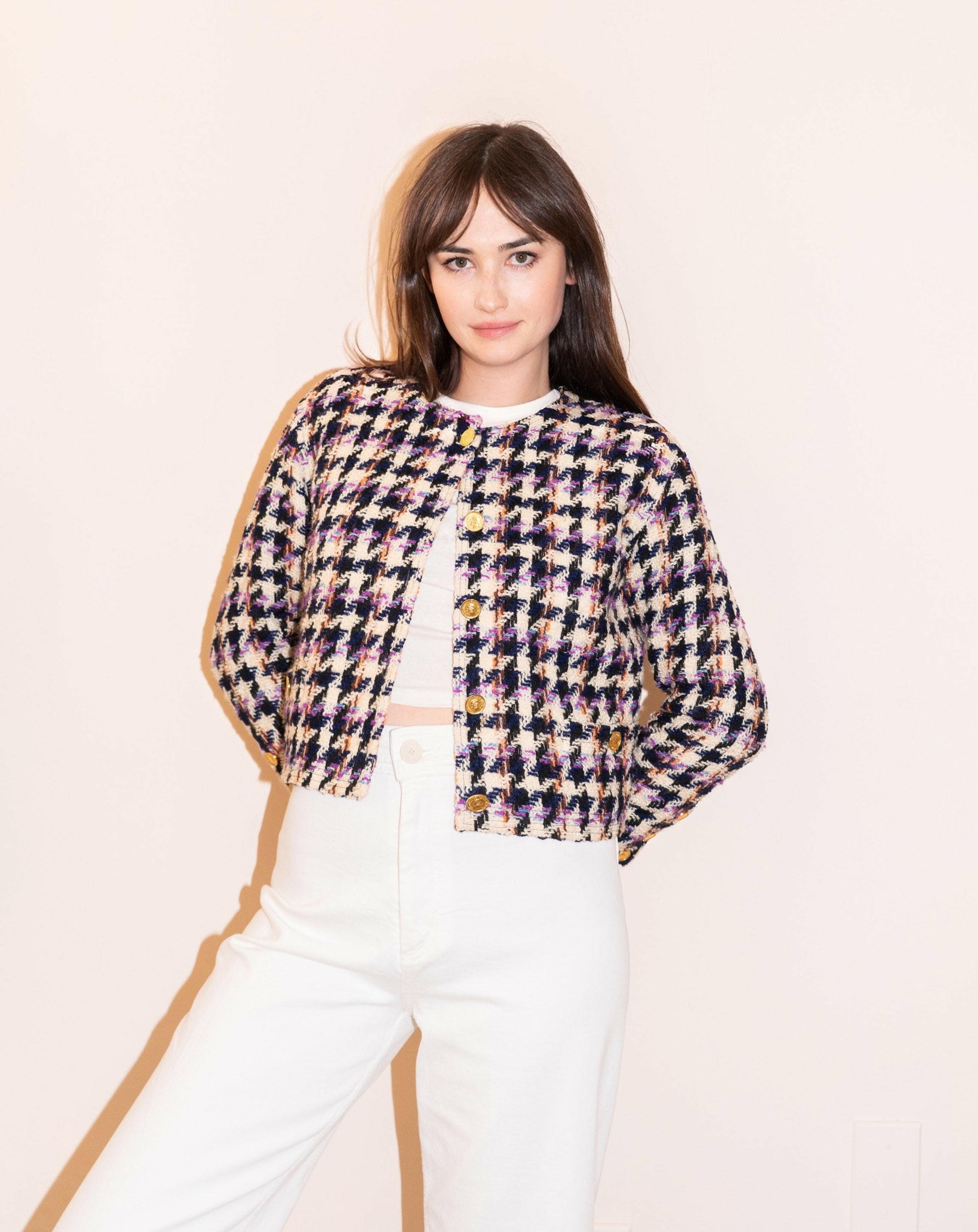 FR38-42 Chanel Fall 1987 Collarless Two-Pocketed Multicolor Moundsthooth Tweed Jacket - Vintage Chanel Jacket -   - Rarchive.