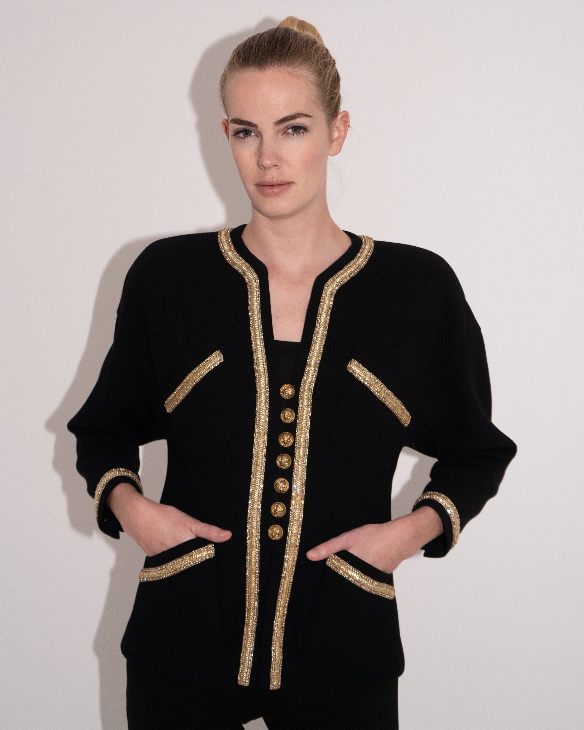 FR36 Rare Chanel Haute Couture Spring 1986 Four Pocketed Embellished Jacket in Black - Vintage Chanel Jacket -   - Rarchive.