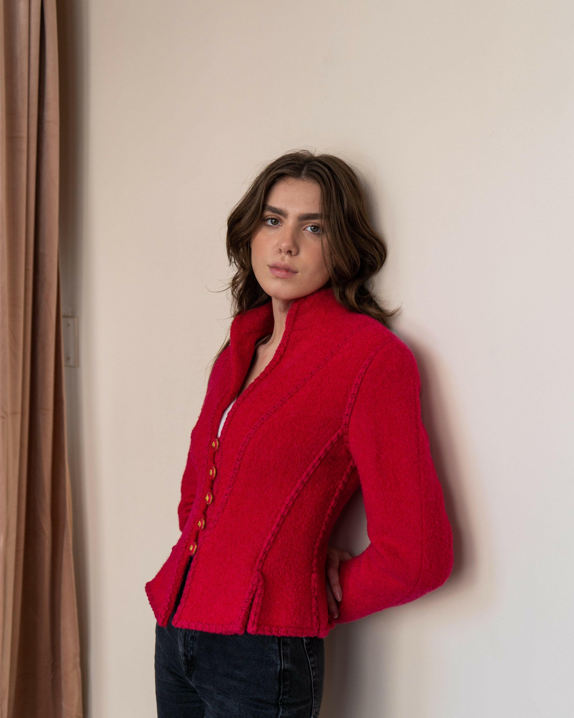 FR34-36 Rare Chanel Fall 1993 Fitted Cut Braided Trim Slit Detail Pink Wool Tweed Jacket - Vintage Chanel Jacket -   - Rarchive.