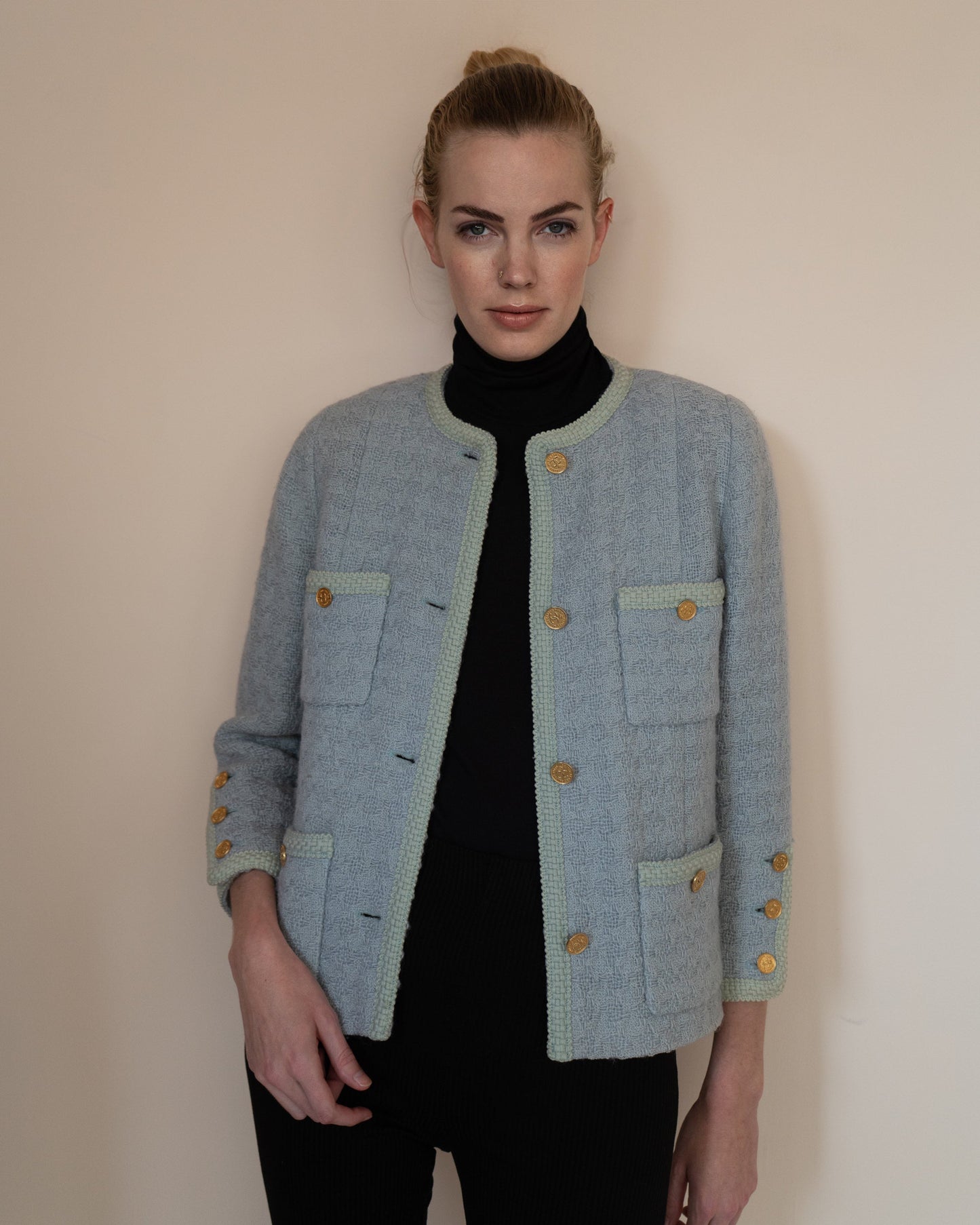 FR36-38 Rare Chanel Fall 1987 Four Pocketed Jacket in Light Blue - Vintage Chanel Jacket -   - Rarchive.