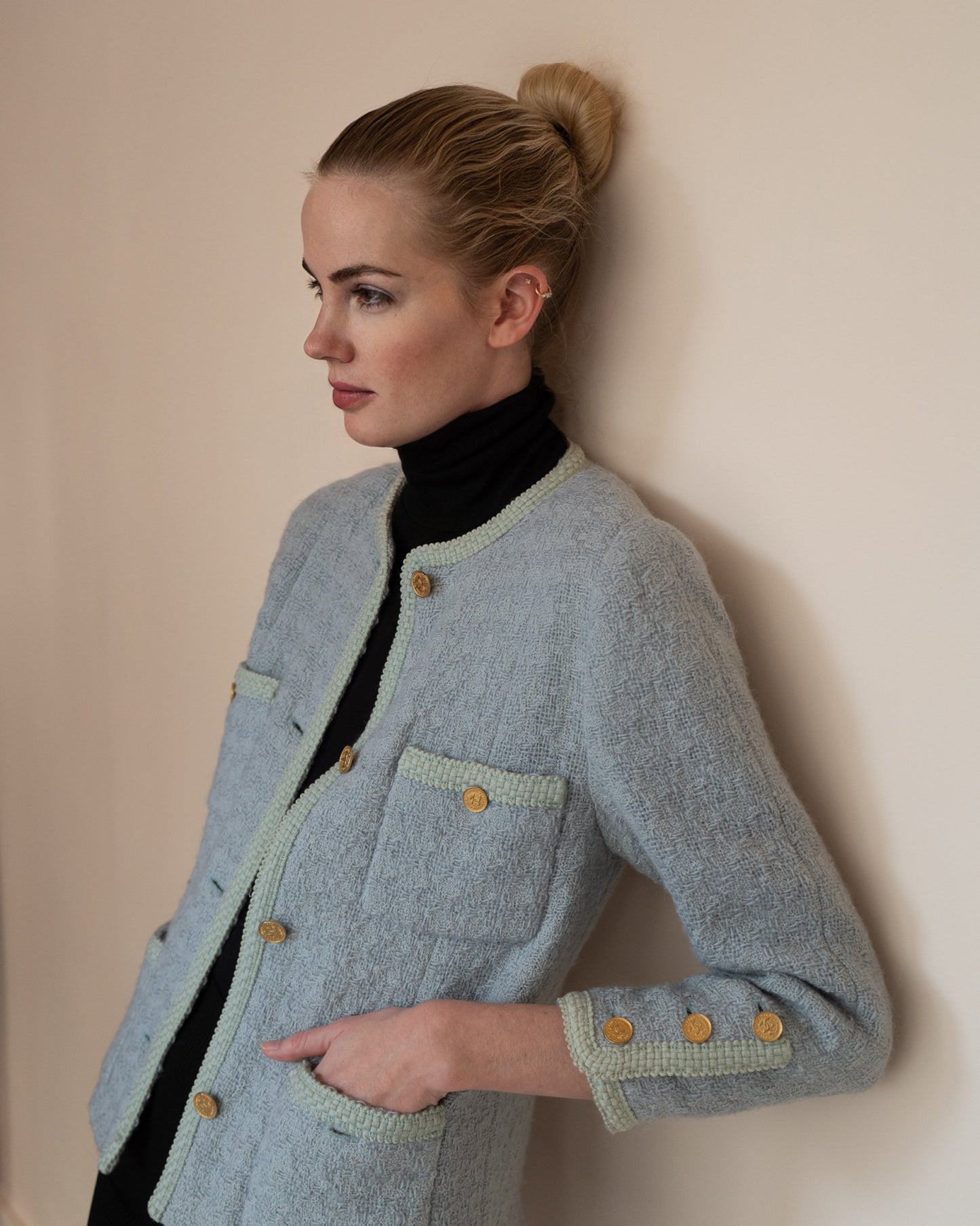 FR36-38 Rare Chanel Fall 1987 Four Pocketed Jacket in Light Blue - Vintage Chanel Jacket -   - Rarchive.