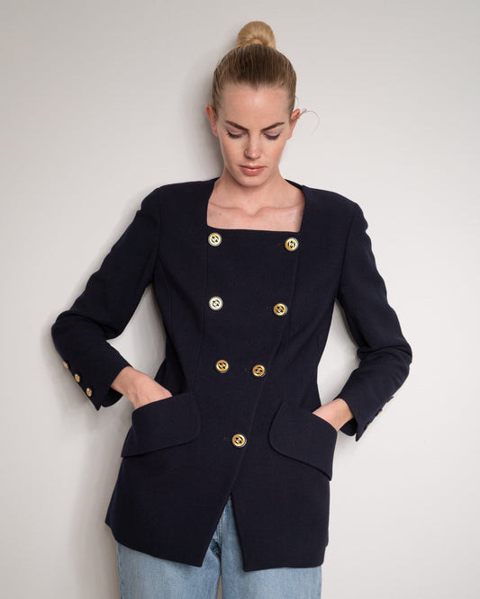 FR38-40 Chanel Fall 1991 Two-Pocketed Square Neckline Wool Jacket in Navy