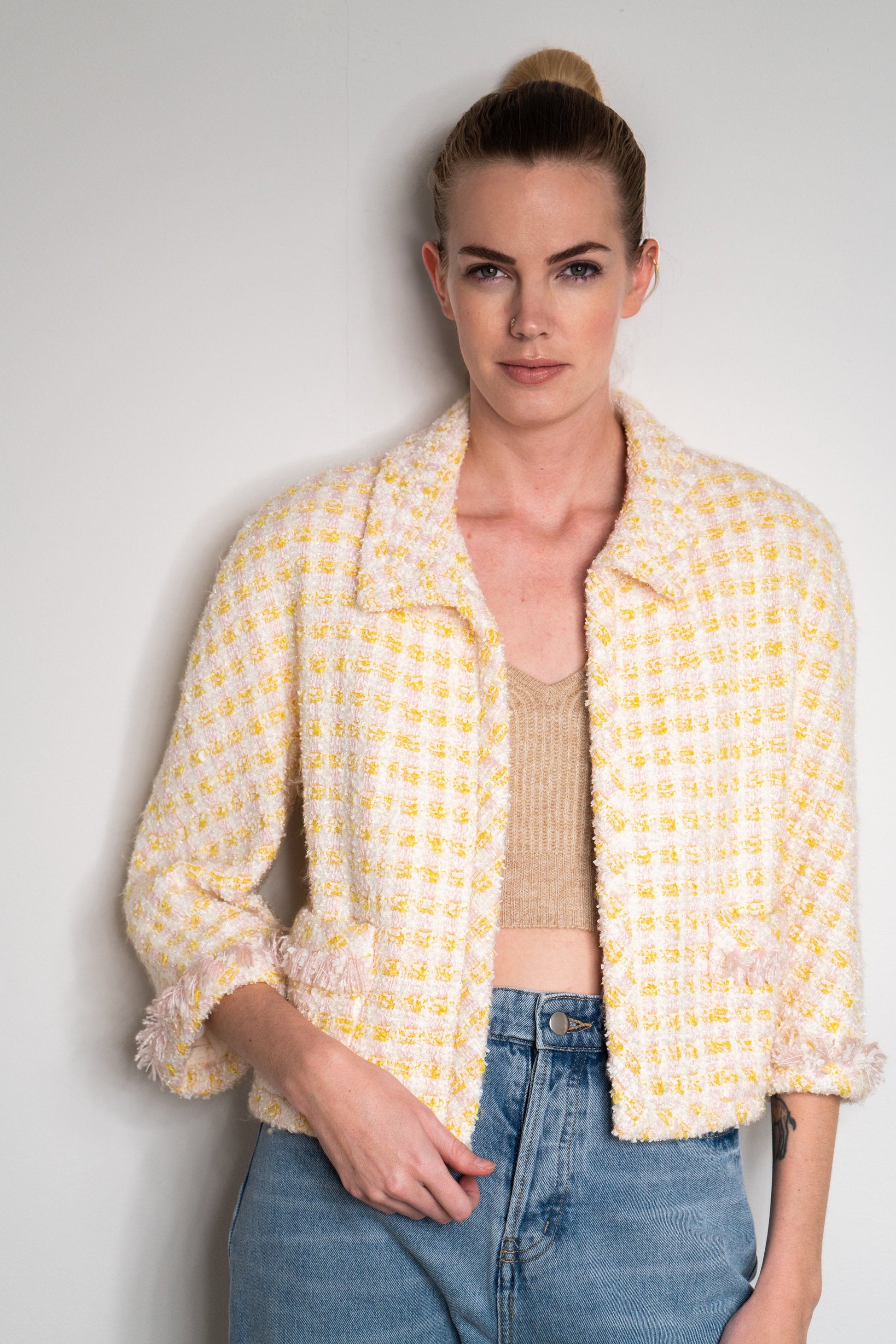 FR40-42 Rare Chanel Spring 1992 Two Pocketed Multicolor Fantasy Tweed Jacket in White, Pink and Yellow - Vintage Chanel Jacket -   - Rarchive.