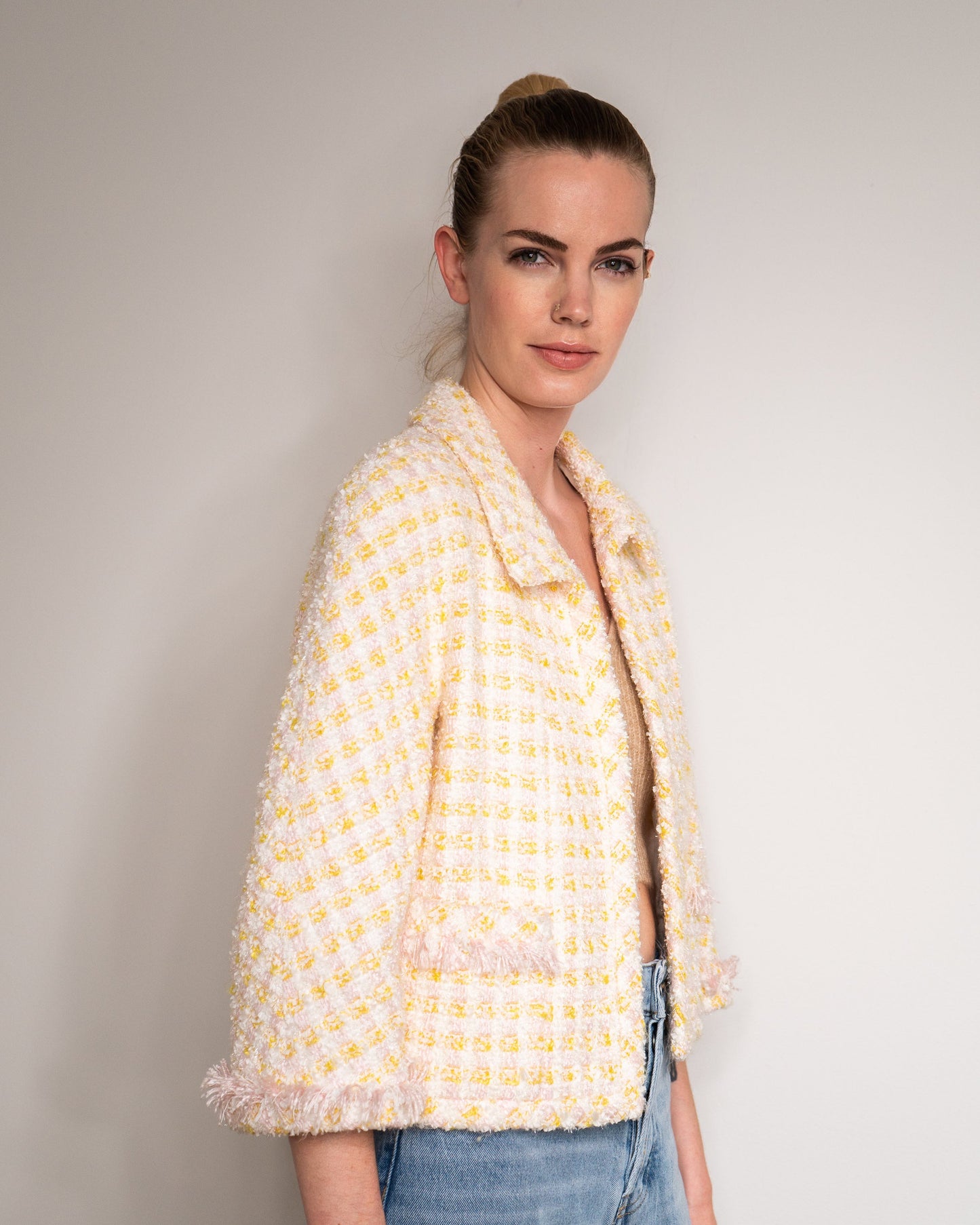 FR40-42 Rare Chanel Spring 1992 Two Pocketed Multicolor Fantasy Tweed Jacket in White, Pink and Yellow - Vintage Chanel Jacket -   - Rarchive.