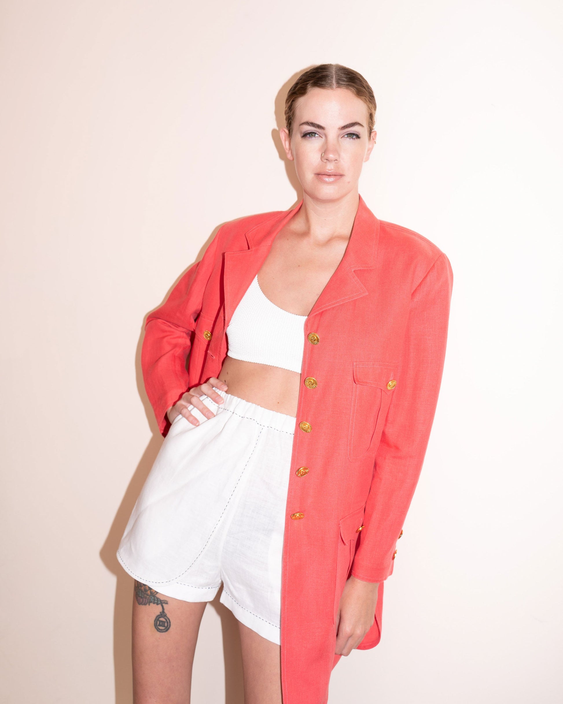 FR42-44 Chanel Cruise 1993 Four Pocketed Coral Red Linen Jacket - Vintage Chanel Jacket -   - Rarchive.