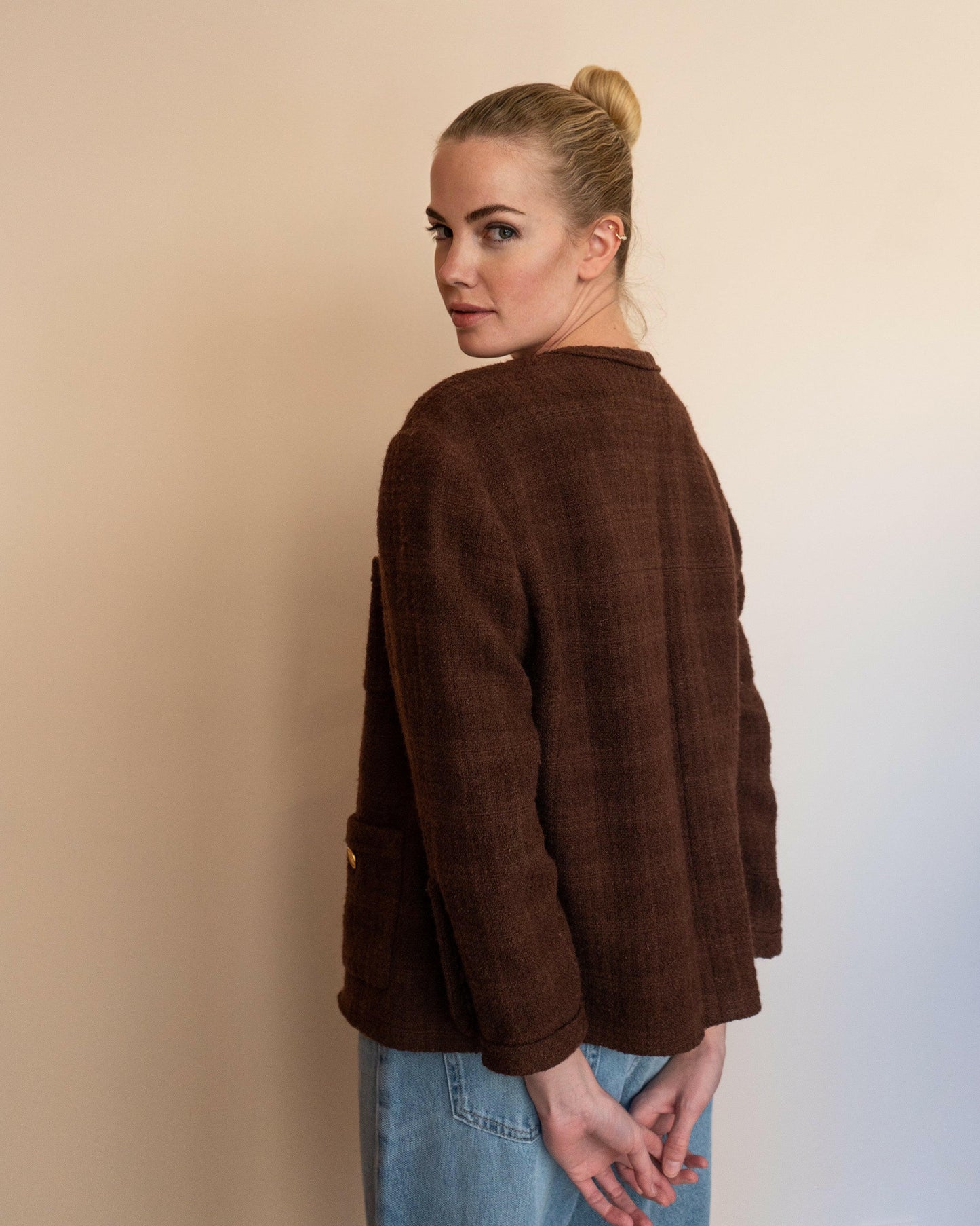 FR40-42 Rare Chanel Fall 1987 Classic Collarless Four-Pocketed Plaid Tweed Jacket in Chocolate - Vintage Chanel Jacket -  Jacket - Rarchive.