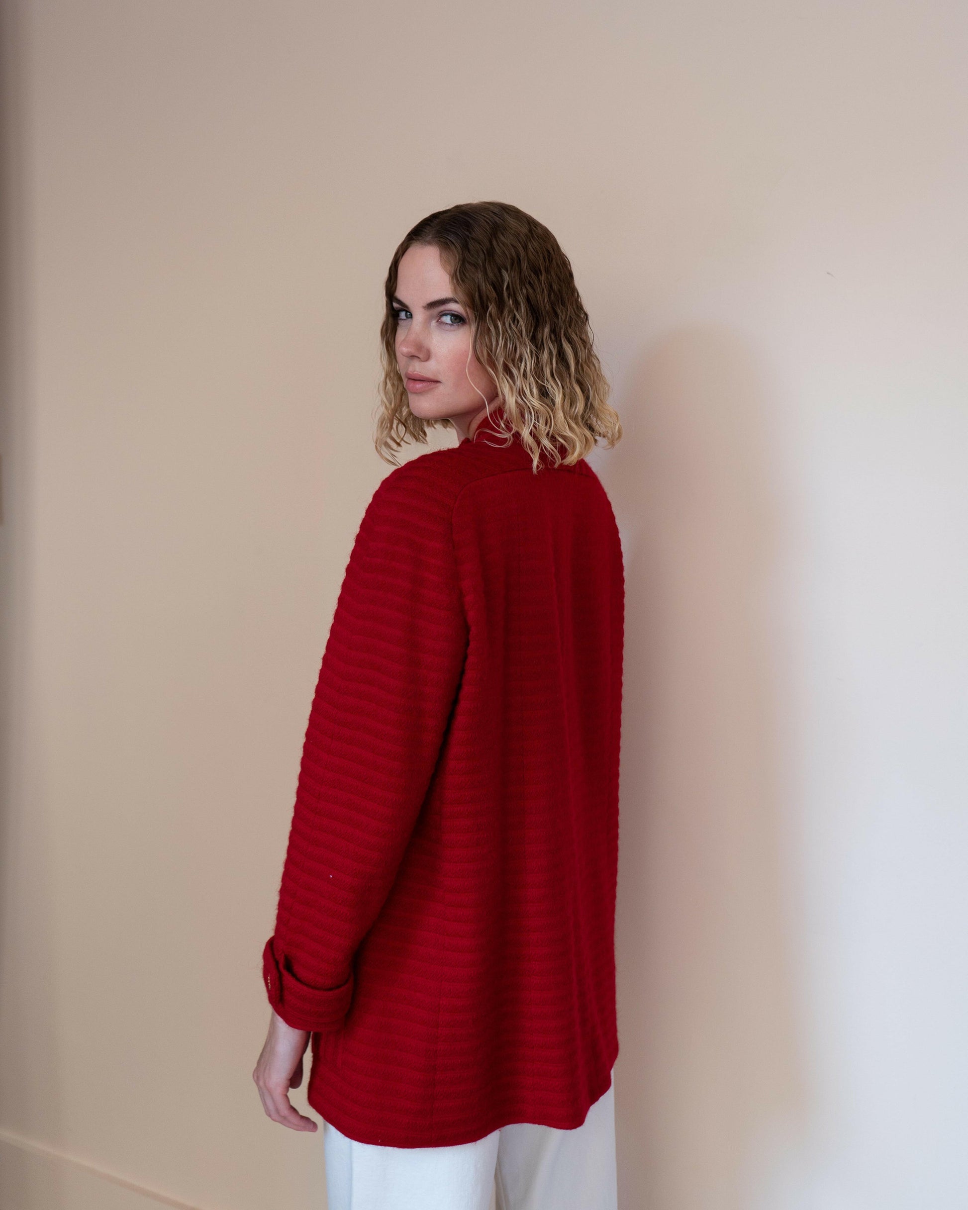 FR44-46 Rare Chanel 1980s Four Pocketed Red Ribbed Tweed Jacket - Vintage Chanel Jacket -   - Rarchive.