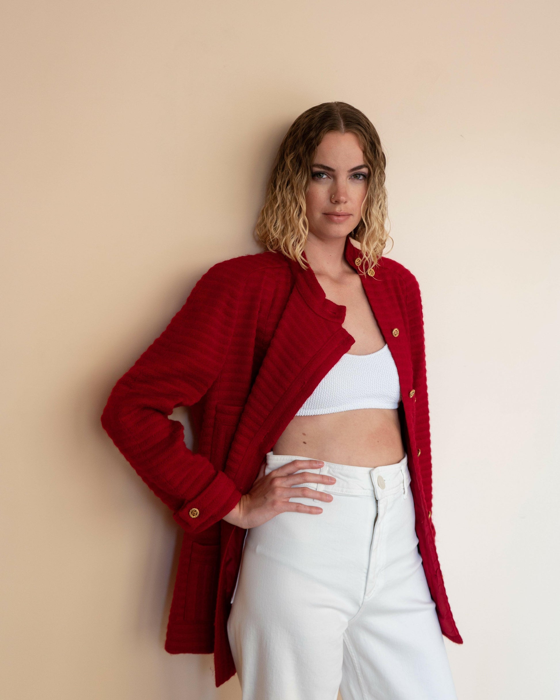 FR44-46 Rare Chanel 1980s Four Pocketed Red Ribbed Tweed Jacket - Vintage Chanel Jacket -   - Rarchive.