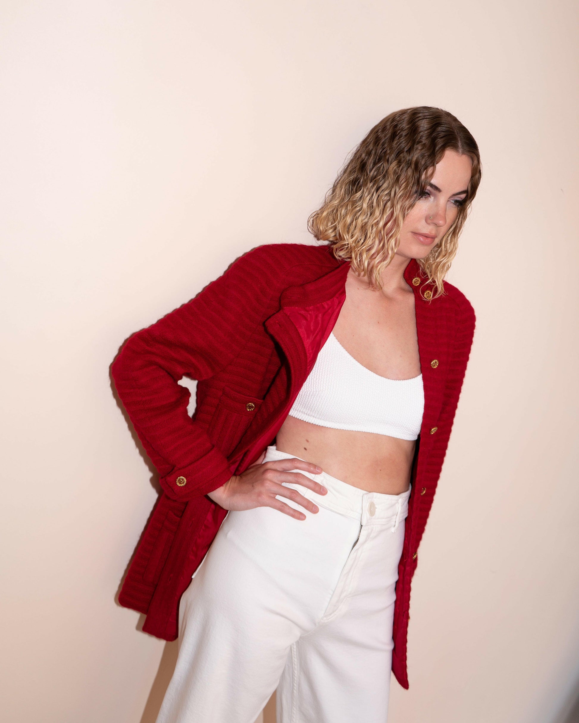 FR44-46 Rare Chanel 1980s Four Pocketed Red Ribbed Tweed Jacket - Vintage Chanel Jacket -   - Rarchive.
