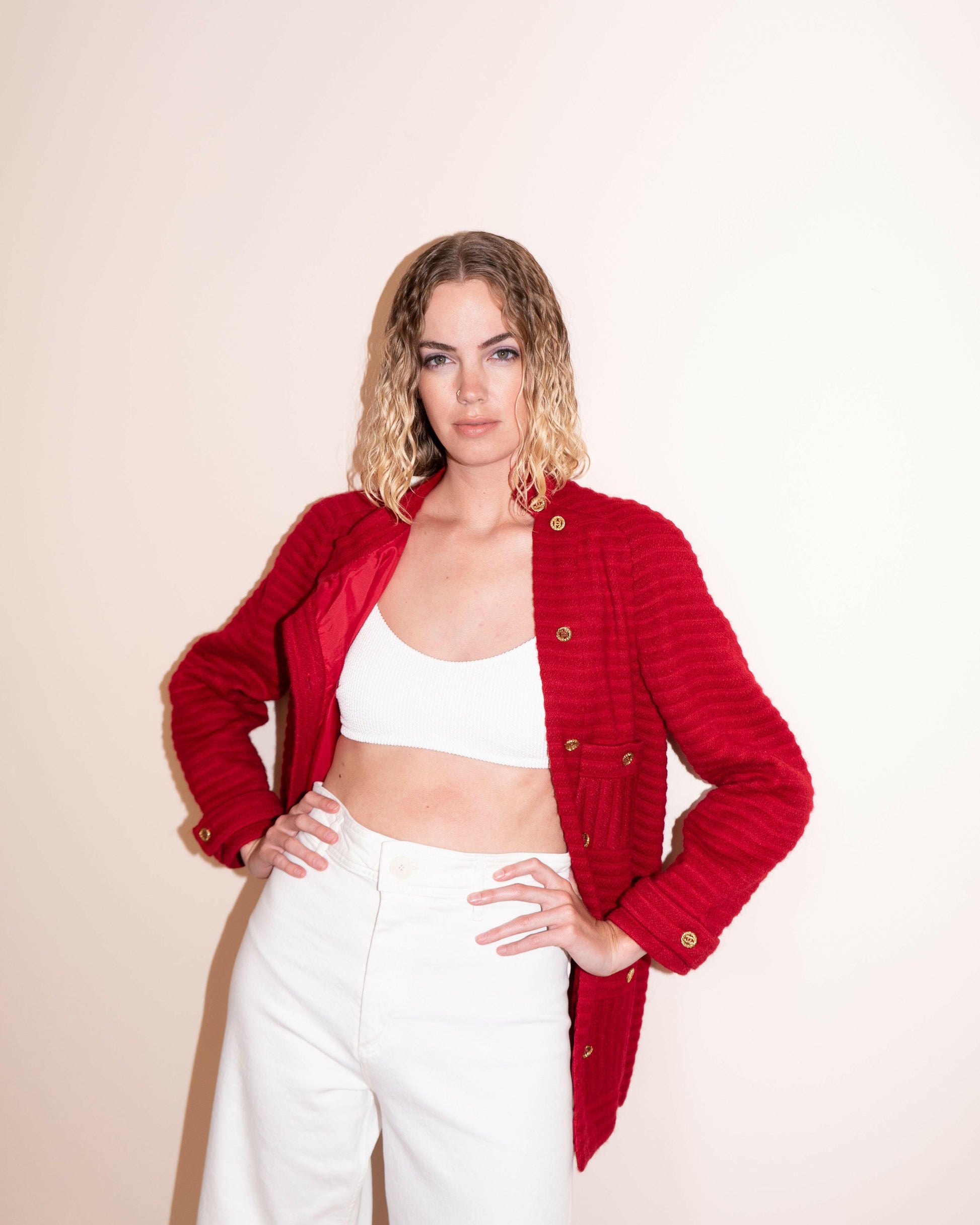 FR44-46 Rare Chanel 1980s Four Pocketed Red Ribbed Tweed Jacket - Vintage Chanel Jacket -   - Rarchive.