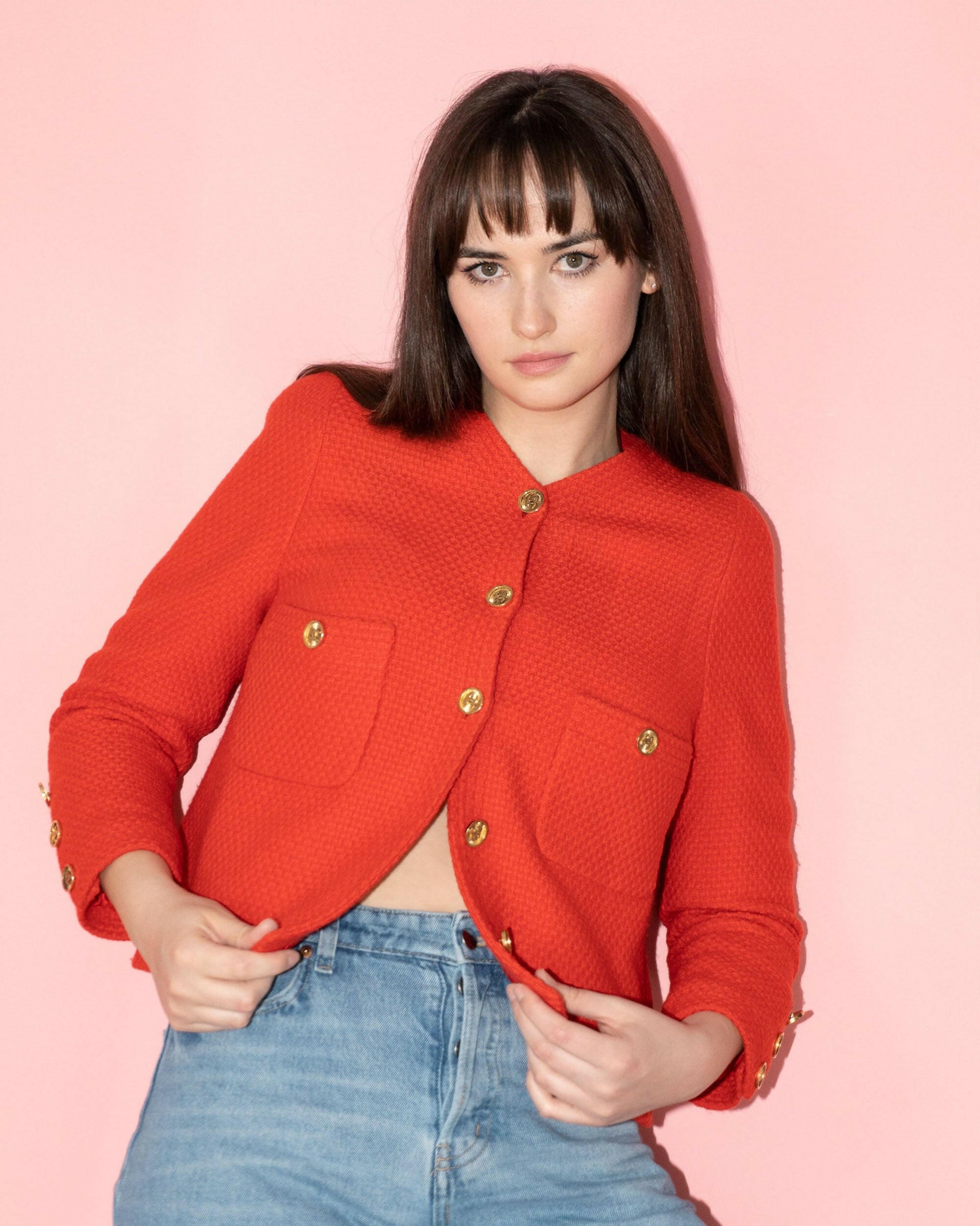 FR40-42 Chanel Fall 1990 Two-Pocketed Collarless Scarlet Wool Tweed Jacket - Vintage Chanel Jacket -   - Rarchive.