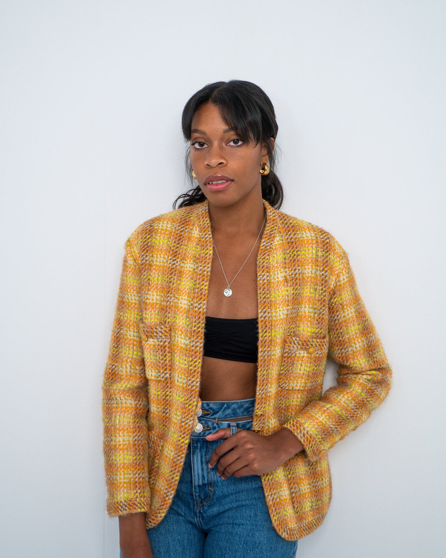 FR38-42 Chanel 1980s Four Pocket Wool Jacket in Orange and Yellow - Vintage Chanel Jacket -   - Rarchive.